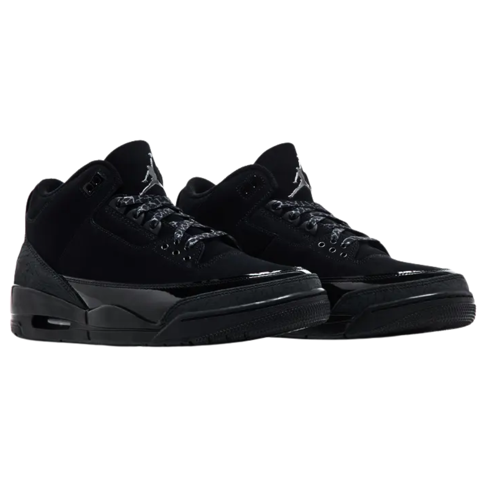 Air Jordan 3 Retro 'Black Cat' (2025) featuring a black nubuck upper with a patent leather mudguard, charcoal elephant-print overlays, and Jumpman branding on the tongue and molded back tab. The sneaker includes a glossy black polyurethane midsole with an exposed Air-sole unit in the heel.