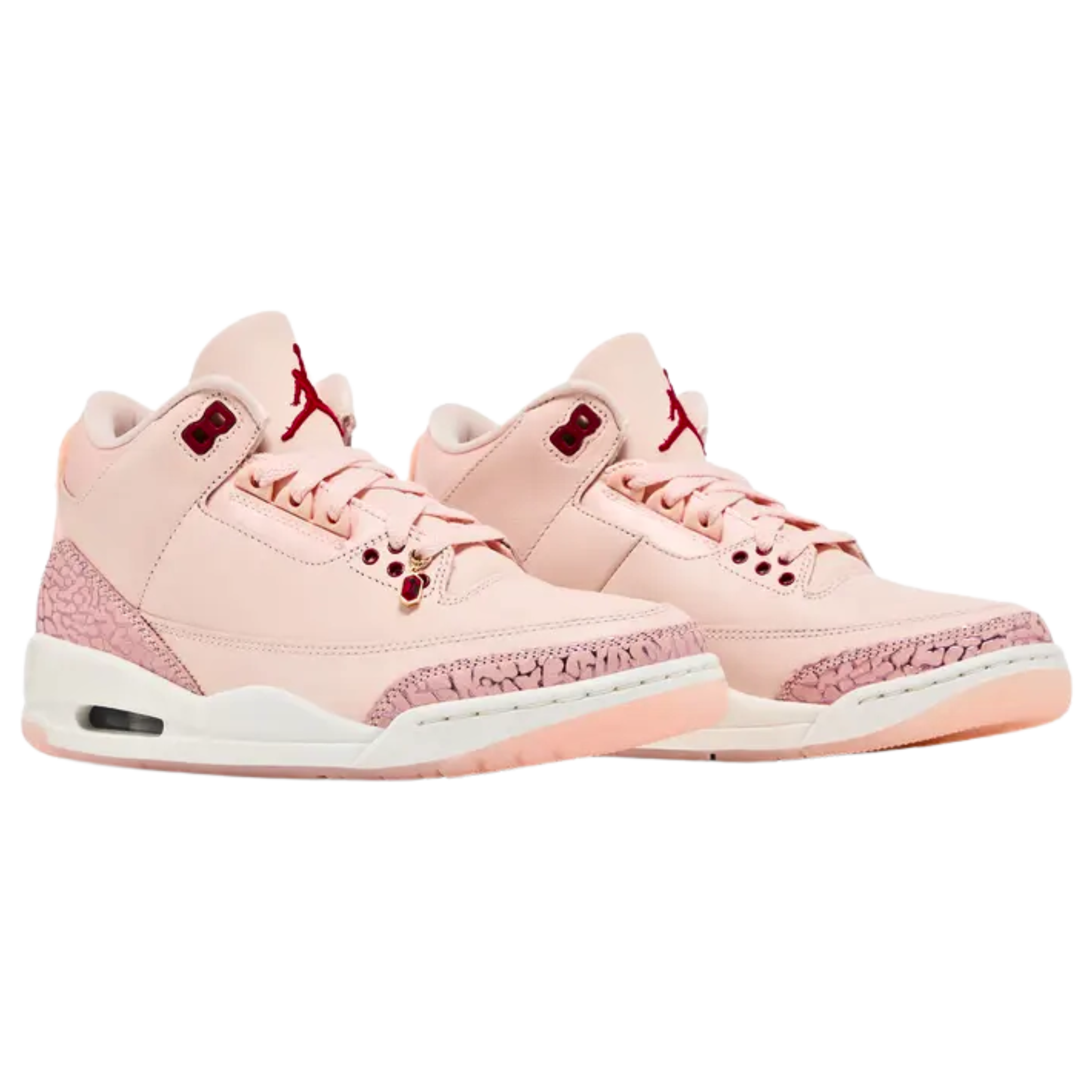 Women's Air Jordan 3 Retro 'Treat Yourself' featuring a Washed Coral tumbled leather upper with tonal elephant print overlays, Gym Red molded eyelets, and matching Jumpman branding on the tongue and heel tab. The sneaker includes an off-white polyurethane midsole with a visible Air-sole unit and a pink semi-translucent rubber outsole for traction.