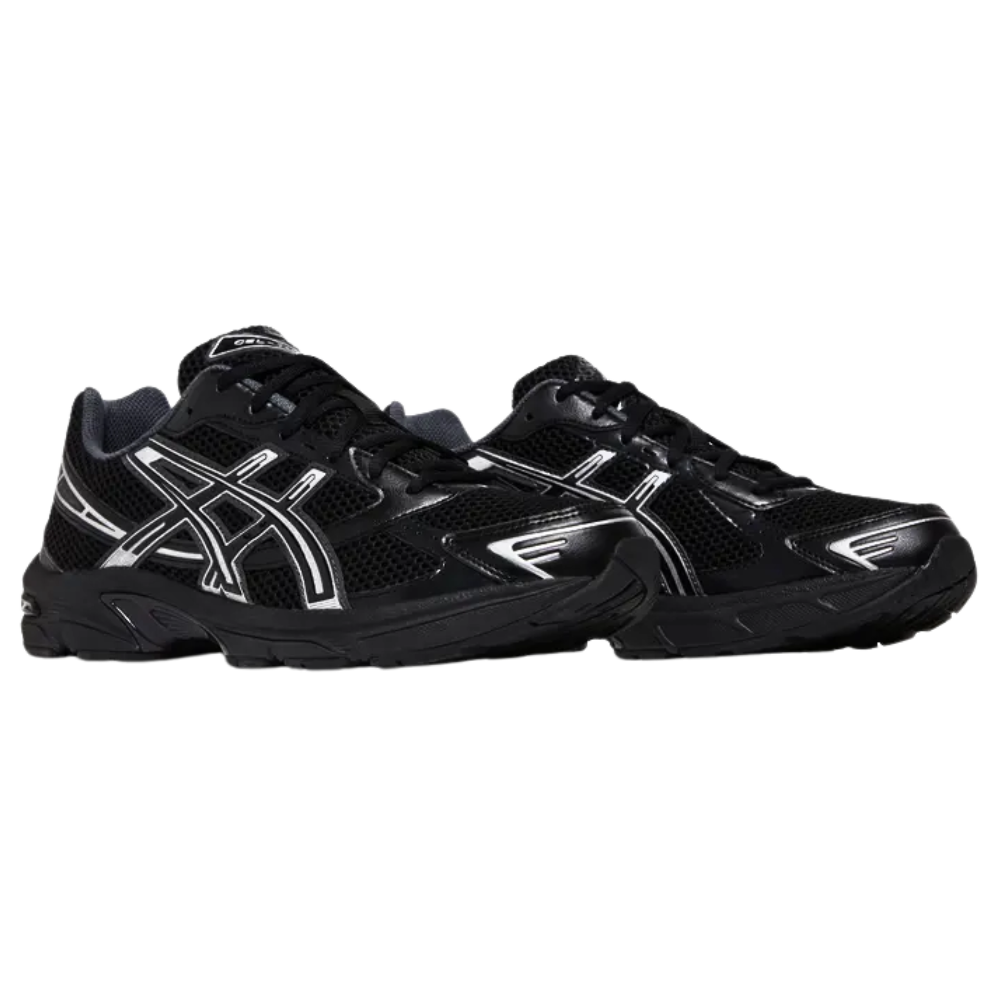 The ASICS Gel 1130 'Black Pure Silver' features a black open-cell mesh upper with tonal synthetic leather overlays. Metallic silver accents highlight the signature tiger stripes, toe wrap, and heel overlay, while grey textile lines the collar for a sleek, neutral look. The sneaker offers lightweight cushioning with a solid black EVA midsole and a shock-absorbing Gel insert in the heel for added comfort and support.