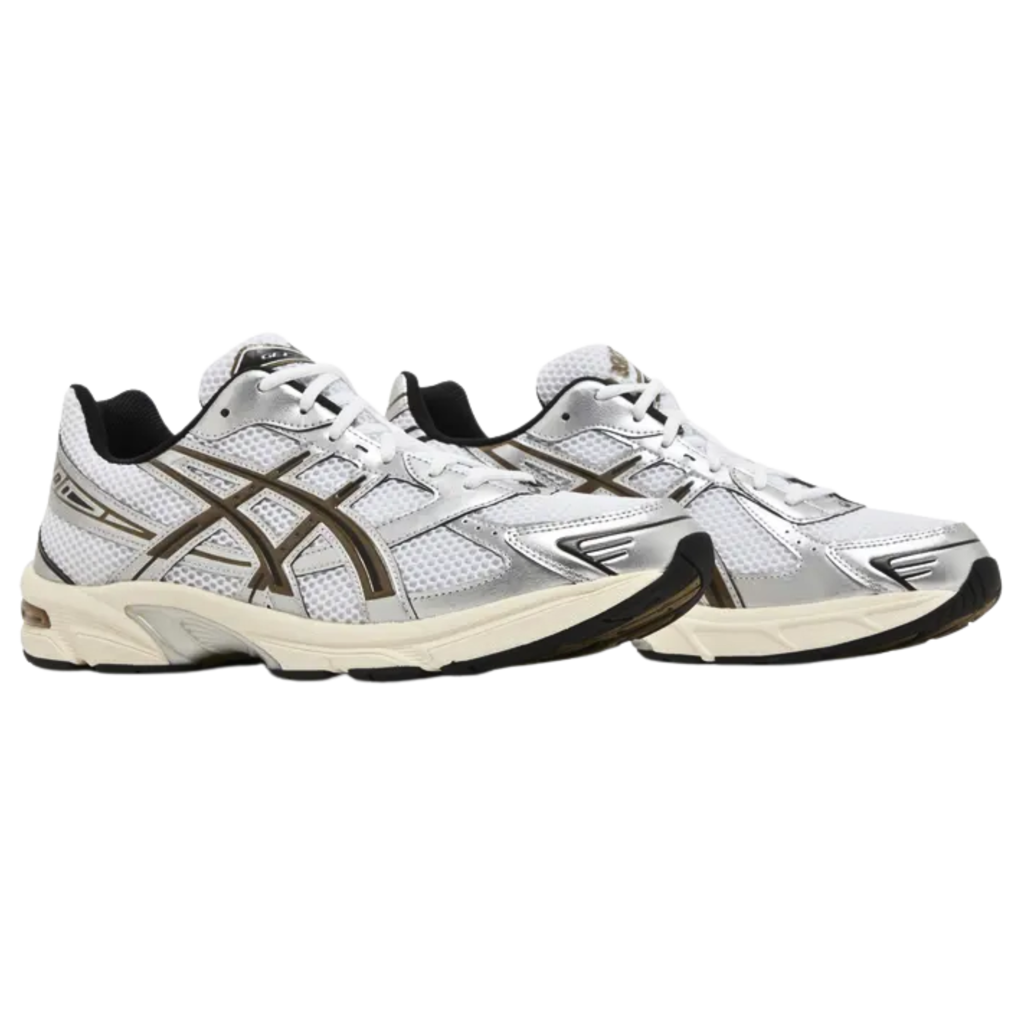 The ASICS Gel-1130 'White Clay Canyon' features a breathable white mesh upper with light brown synthetic leather overlays and contrasting clay-colored tiger stripes. ASICS branding is displayed on the tongue and sockliner. The sneaker is built on a lightweight EVA midsole with visible Gel cushioning in the heel for superior comfort. The durable rubber outsole is equipped with ASICS' TRUSSTIC support system, providing added stability and performance.