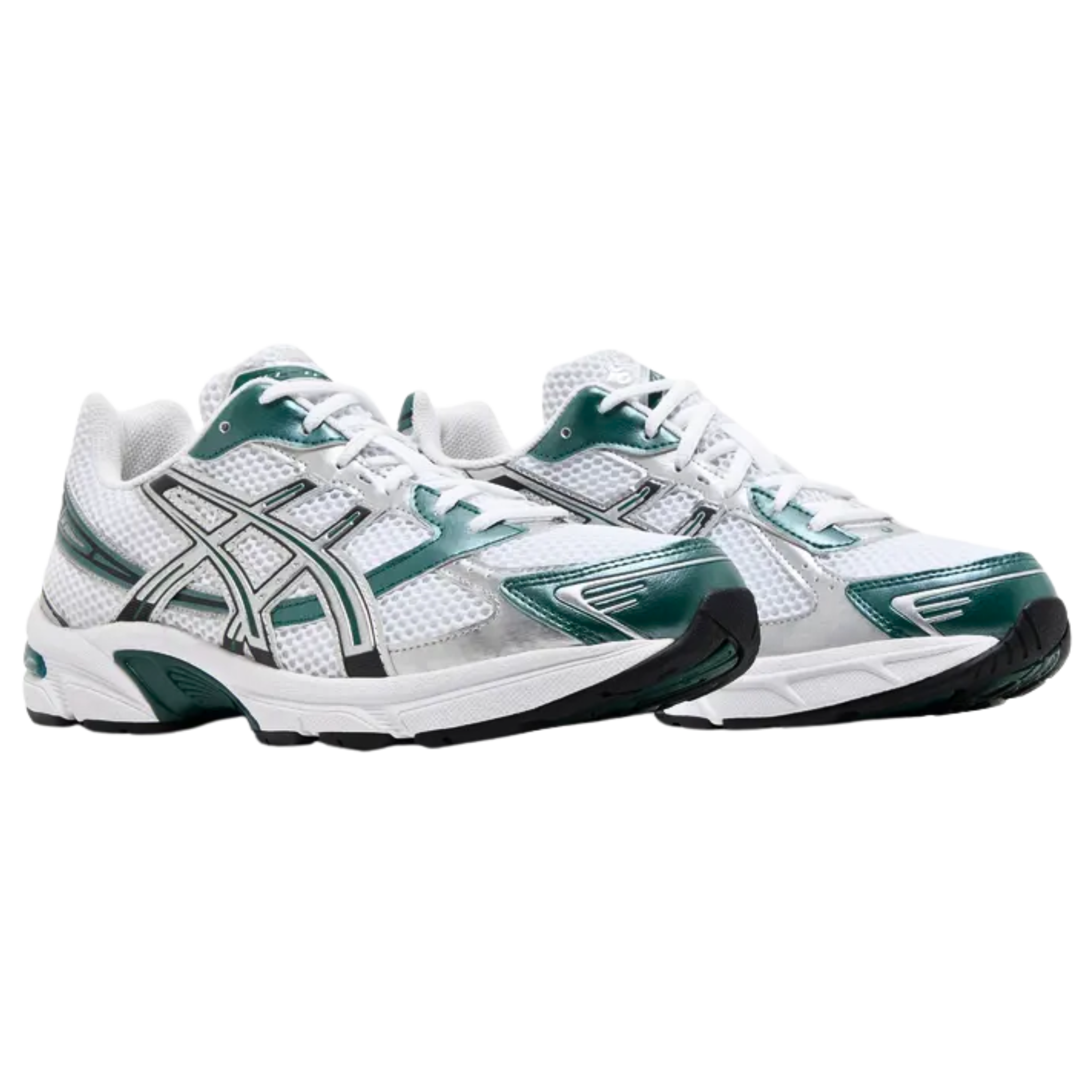 The ASICS Gel 1130 'White Dark Neptune' sneaker features a breathable white mesh upper, durable synthetic leather overlays, and shiny metallic silver tiger stripes with dark emerald accents. This retro runner is designed with a white EVA foam midsole, visible Gel cushioning in the heel, and a durable rubber outsole. Equipped with ASICS' TRUSSTIC support system, this stylish and supportive sneaker offers both comfort and stability.