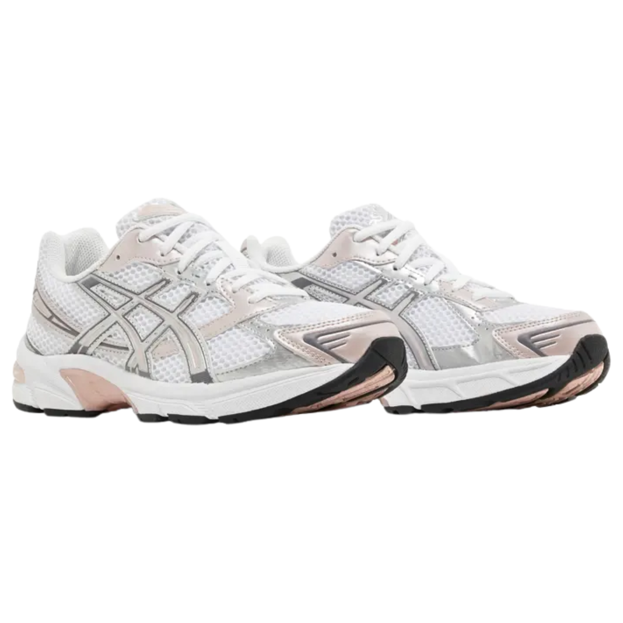 Step into comfort with the ASICS Women's Gel 1130 'White Neutral Pink,' featuring a white mesh upper with metallic silver and dusty rose synthetic overlays. The shoe is equipped with a pink Gel insert in the heel for cushioning and sits on a supportive EVA midsole. A split rubber outsole with TRUSSTIC technology ensures enhanced midfoot stability for a smooth, stable ride.