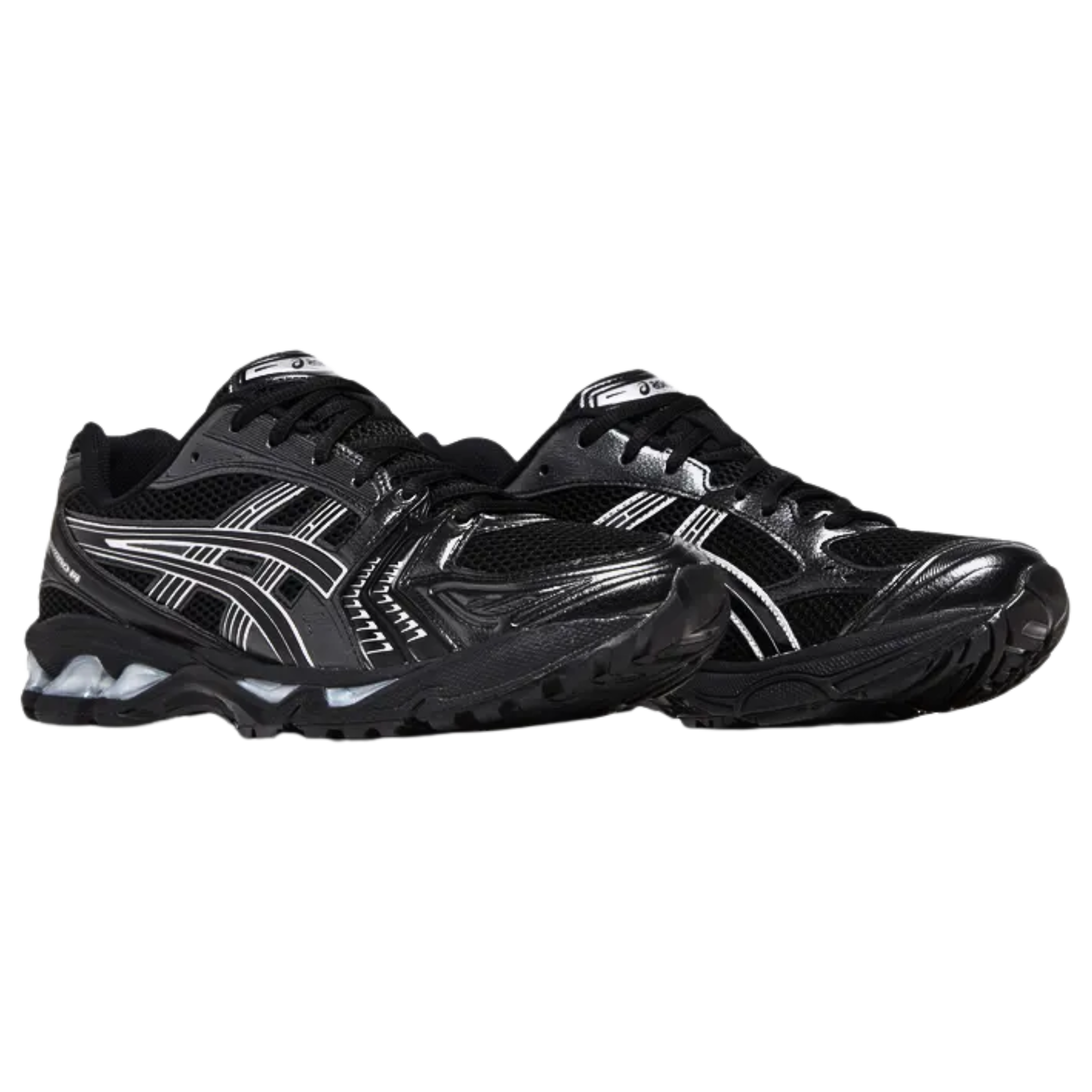 The ASICS Gel Kayano 14 'Black Pure Silver' features a ventilated black mesh upper with tonal synthetic leather overlays and signature side stripes, all highlighted by metallic silver accents. The lightweight design is supported by a black EVA midsole, featuring visible Gel cushioning in both the forefoot and heel for added comfort and performance.