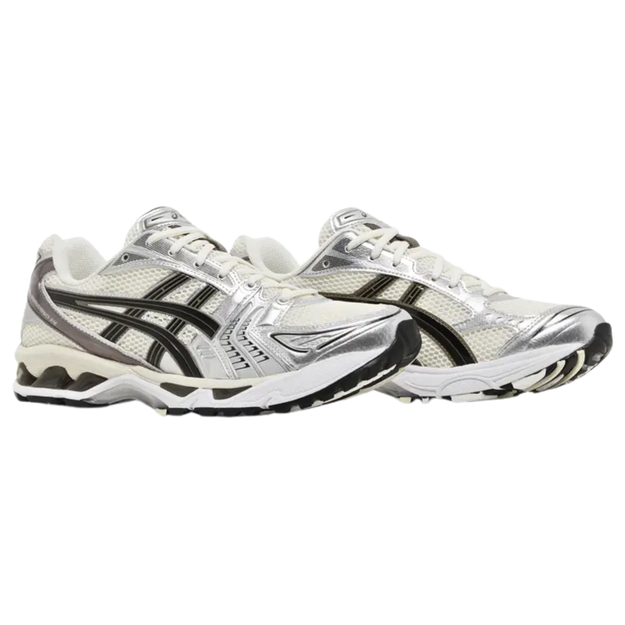 The ASICS Gel Kayano 14 'Silver Cream' features a retro 2000s running-shoe design with black polished side stripes on an off-white mesh upper, reinforced with metallic silver synthetic overlays. The sneaker offers lightweight cushioning with a breathable EVA midsole and visible Gel inserts in both the forefoot and heel. A durable rubber outsole is equipped with the ASICS Trusstic System, providing enhanced midfoot support and stability for added comfort and performance.