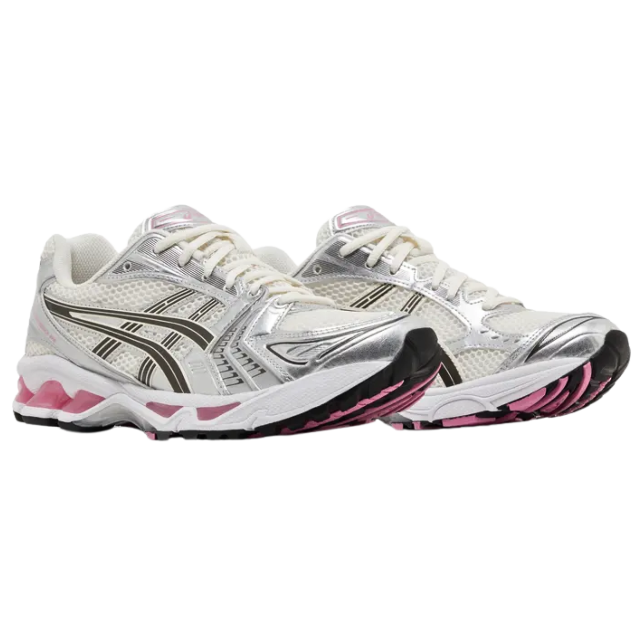 The ASICS Gel Kayano 14 'Cream Sweet Pink' sneaker showcases an off-white open-cell mesh upper with metallic silver synthetic leather overlays. Black lines accentuate the signature side stripes, while vibrant pink highlights the branding on the tongue and heel. The retro-inspired runner features a white foam midsole with visible Gel cushioning in a hot pink tint. A flexible rubber outsole with flex grooves and an exposed TPU shank provide enhanced support and durability.