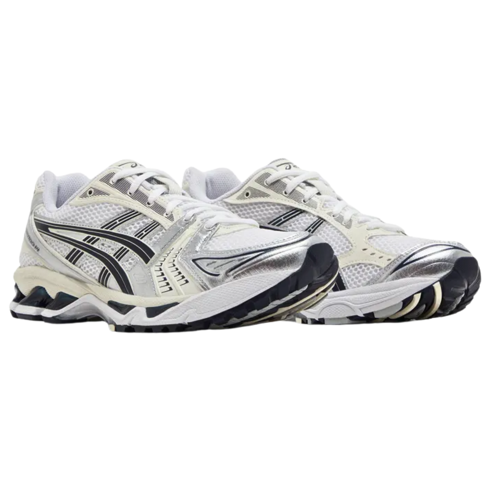 The ASICS Women's Gel Kayano 14 'White Midnight' features a white open-cell mesh upper with cream and metallic silver synthetic leather overlays. Dark grey lines create the signature tiger stripes, while ASICS branding adorns the tongue tag and sockliner. The sneaker offers visible Gel cushioning in the lightweight EVA midsole, providing enhanced impact protection and comfort with every step.