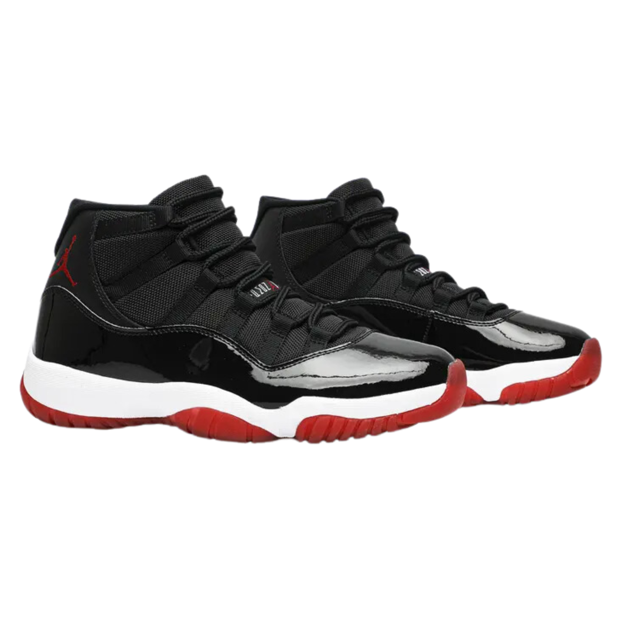 The 2019 Air Jordan 11 Retro 'Bred' features a black mesh upper with shiny black patent leather, a white midsole, and a translucent Varsity Red outsole, celebrating the colorway worn by Michael Jordan during the 1996 NBA championship playoffs.