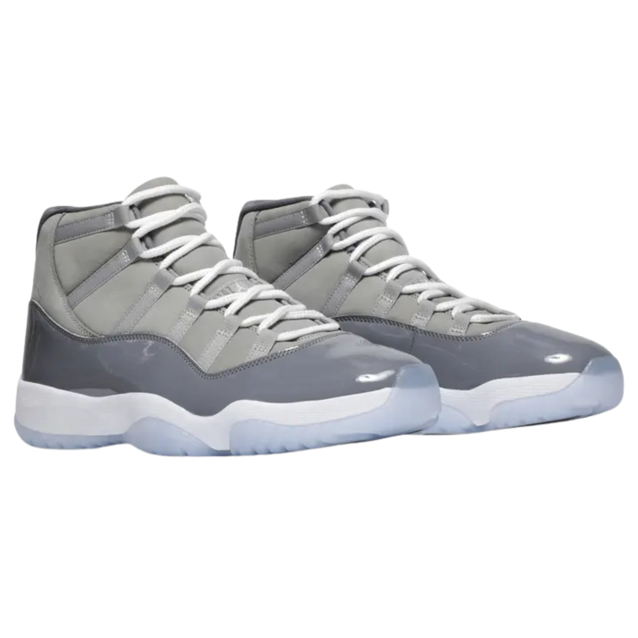 2021 Air Jordan 11 Retro ‘Cool Grey’ featuring a nubuck upper with tonal webbing lace loops and a shiny patent leather overlay in Medium and Cool Grey tones. The sneaker includes a white Jumpman logo on the lateral ankle, a stylized ‘23’ on the heel notch, and a full-length Air-sole unit housed in a white Phylon midsole. Underfoot, a translucent outsole reveals a carbon fiber spring plate for enhanced responsiveness.