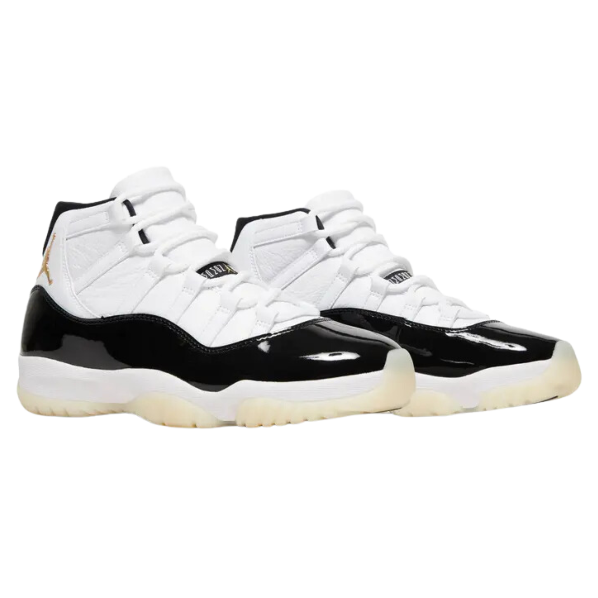 Air Jordan 11 Retro 'Gratitude / Defining Moments' (2023) featuring a white tumbled leather upper with tonal webbing eyelets and a black patent leather mudguard. The sneaker includes metallic gold accents on the embossed Jumpman logo on the lateral ankle, a '23' stamped on the heel tab, a Phylon midsole, a carbon fiber shank plate, and a translucent rubber outsole.