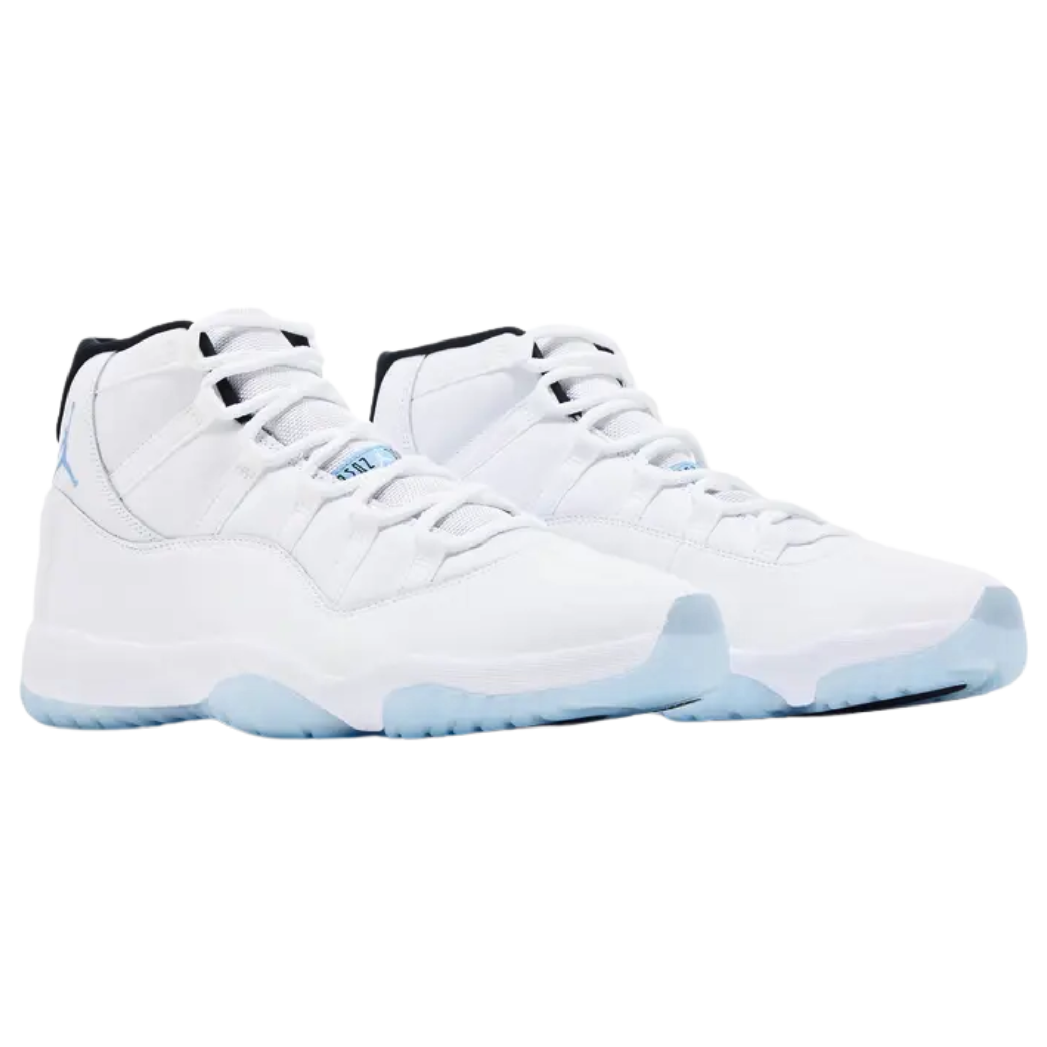 Air Jordan 11 Retro 'Legend Blue' (2024) featuring a white leather upper with a tonal patent leather mudguard and blue embroidered Jumpman on the lateral collar. The sneaker includes black accents on the interior lining and back tab with '23' branding, a white Phylon midsole with a full-length Air-sole unit, and a blue-tinged translucent rubber outsole with a carbon fiber shank plate for stability.