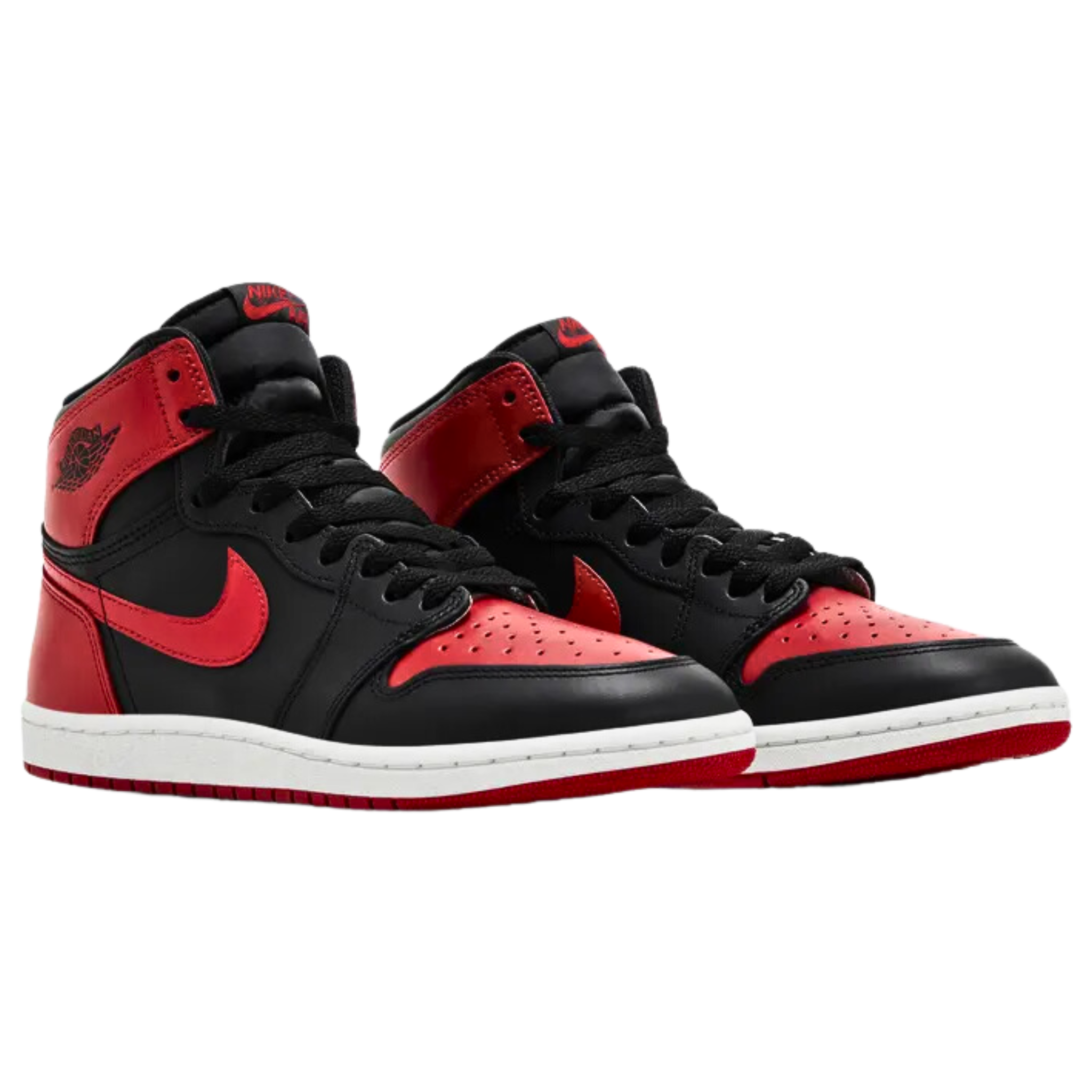 Air Jordan 1 Retro High '85 OG 'Bred' (2025) featuring a black leather upper with Varsity Red accents on the perforated toe, signature Swoosh, heel overlay, and collar flap. The sneaker includes a debossed Wings logo, woven Nike Air tag on the nylon tongue, and a white rubber cupsole with a durable crimson outsole.