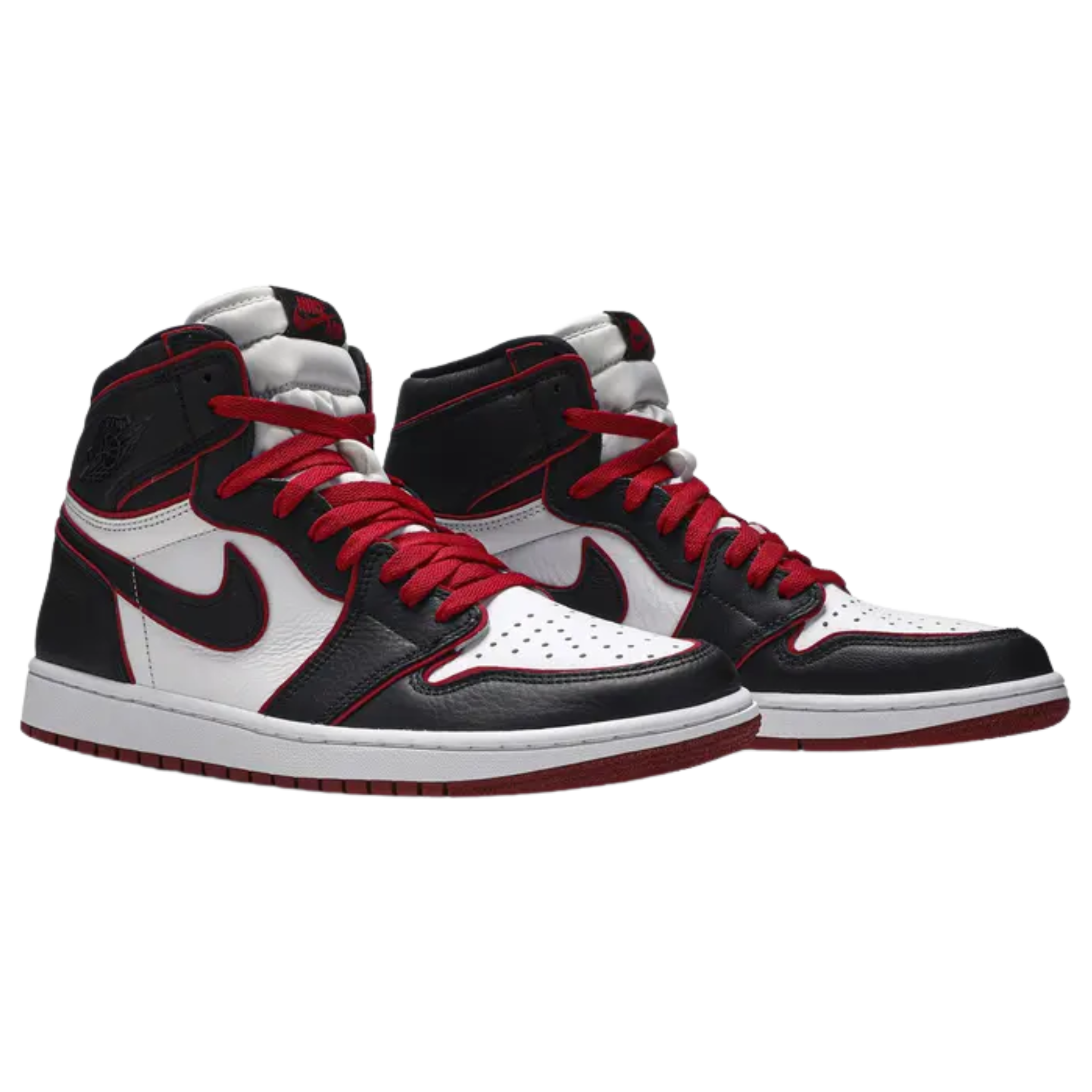 The 2019 Air Jordan 1 High Retro OG 'Bloodline' features a leather upper with a classic red, black, and white color scheme, complemented by retro Swooshes, Wings logo branding, and a dual-tone rubber cupsole with encapsulated Air cushioning.