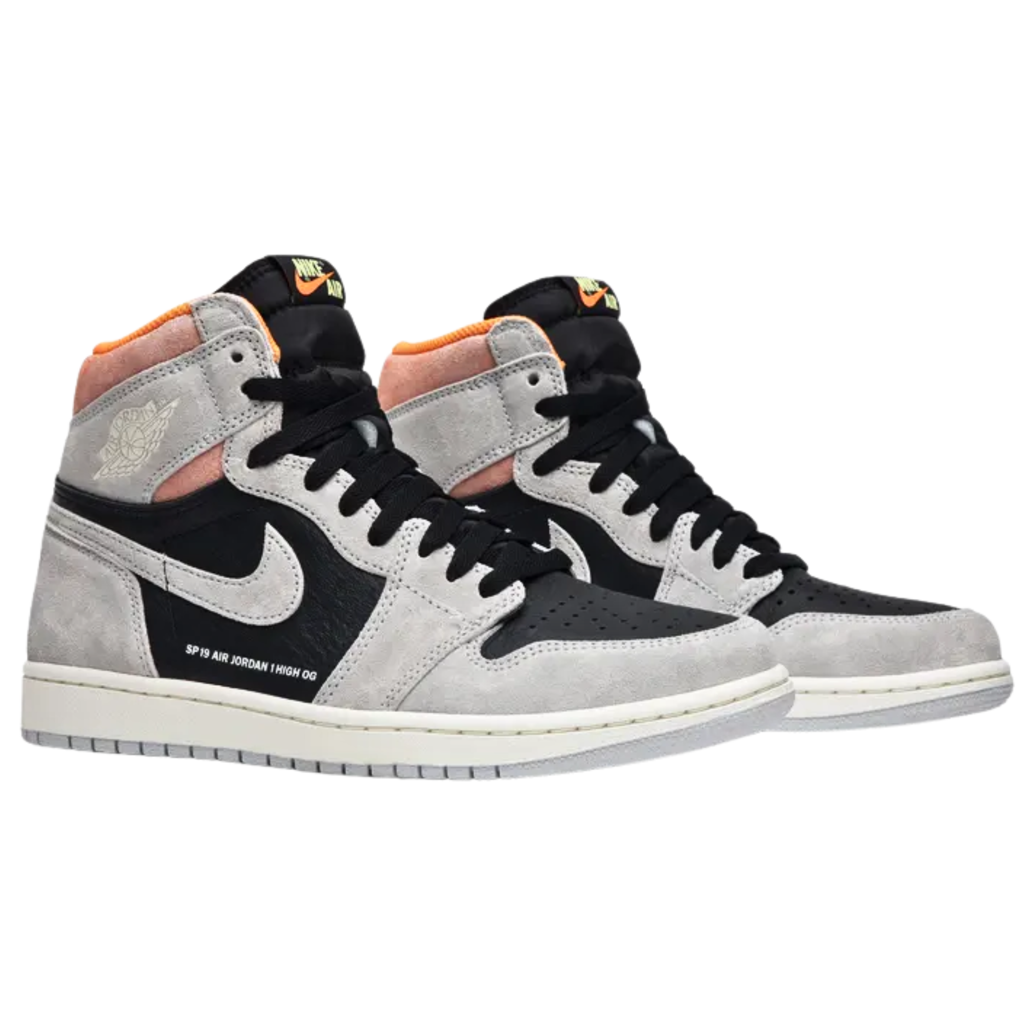 The Air Jordan 1 Retro High OG ‘Neutral Grey’ features a tumbled black leather base with soft grey suede overlays and a Hyper Crimson pop on the collar. The quarter panel is stamped with 'SP 19 Air Jordan 1 High OG' in white print.