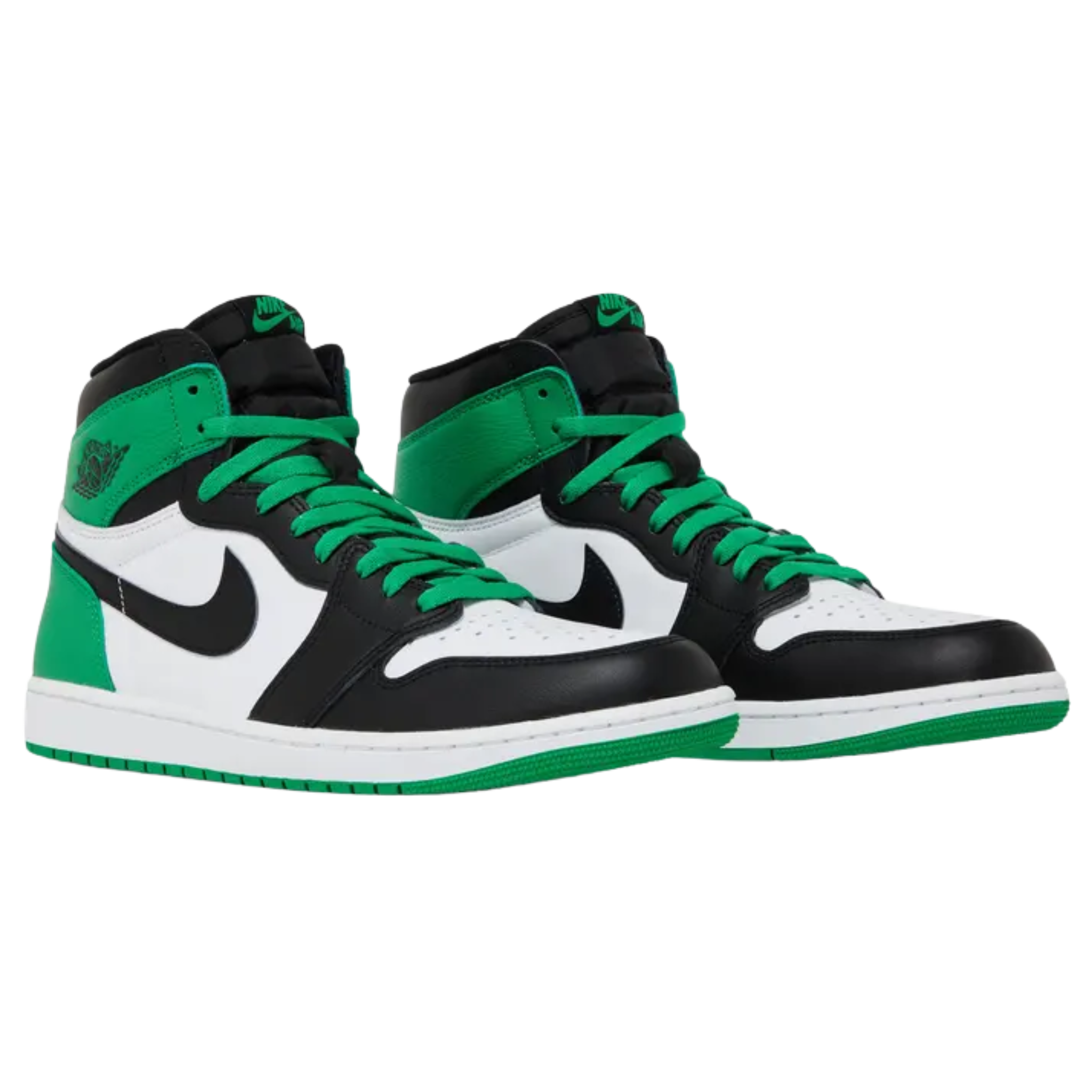 Air Jordan 1 Retro High OG ‘Lucky Green’ featuring a smooth leather upper with a white base and black accents on the forefoot overlay, Swoosh, and padded collar. The sneaker includes green accents on the heel overlay and ankle flap, a retro Wings logo on the lateral side, and a woven Nike tag atop the breathable nylon tongue.