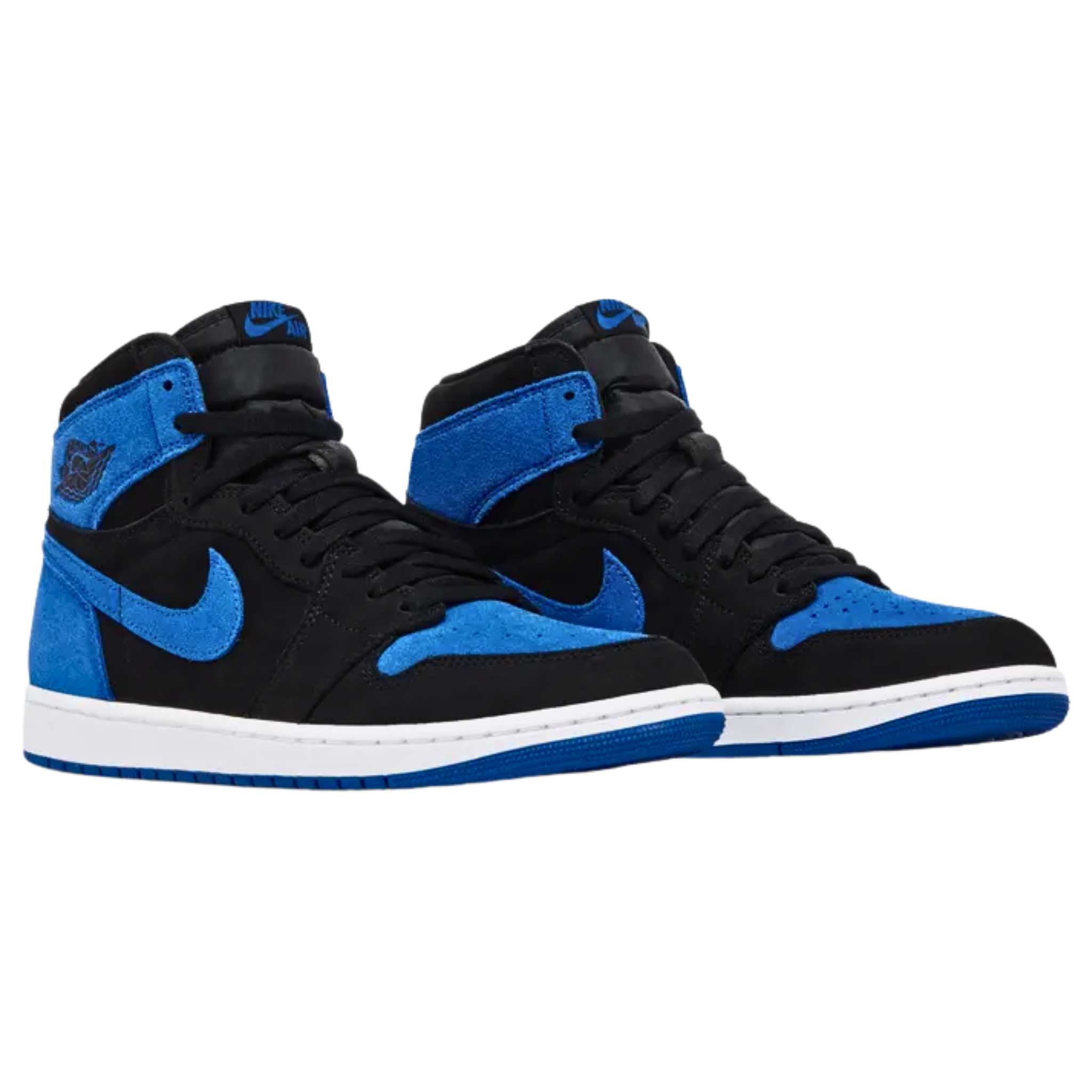 Air Jordan 1 Retro High OG 'Royal Reimagined' featuring a smooth suede upper with a black base and royal blue accents on the toe box, Swoosh, heel, and collar overlay. The sneaker includes a Jordan Wings logo on the collar, a woven Nike Air tag on the nylon tongue, and a sturdy rubber cupsole with white sidewalls and a royal blue outsole.