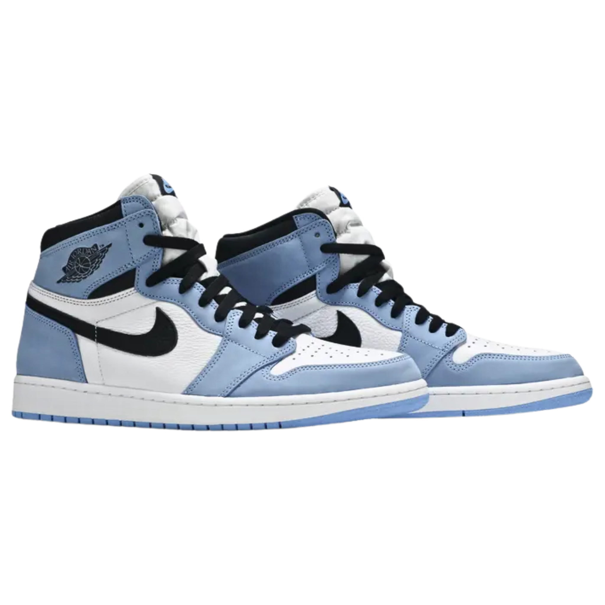 Air Jordan 1 Retro High OG 'University Blue' featuring an all-leather upper with a white base, powder blue overlays, and a black Swoosh. Black accents appear on the collar, tongue tag, and printed Wings logo. A brighter blue shade decorates the standard AJ1 outsole with multi-directional traction and a pivot point.