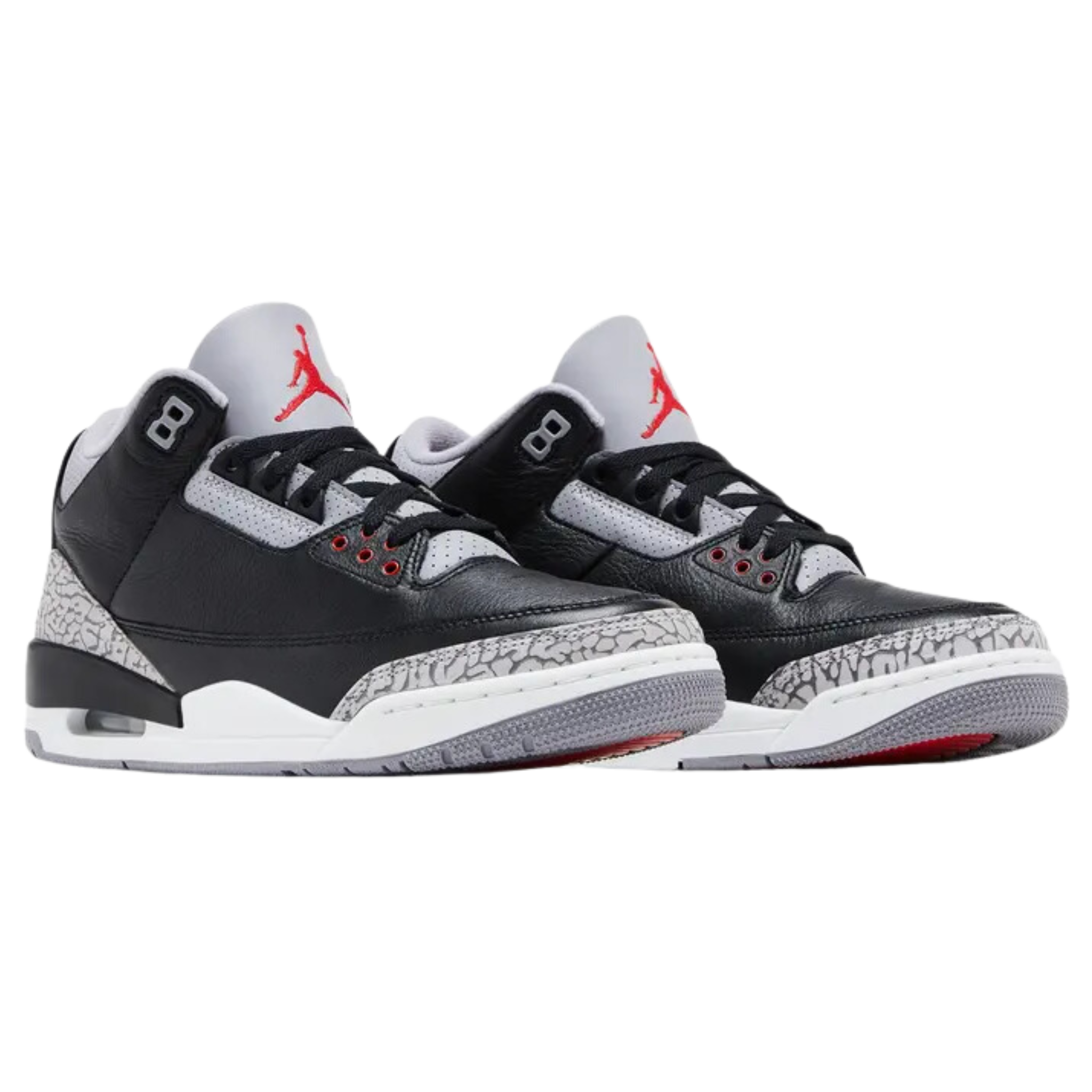 Air Jordan 3 Retro OG 'Black Cement' (2024) featuring a black tumbled leather upper with grey elephant print overlays at the forefoot and heel. The sneaker includes a Fire Red embroidered Jumpman on the tongue, a raised Nike Air logo on the back heel, a white polyurethane midsole with visible Air-sole cushioning, and a grey rubber outsole for durable traction.