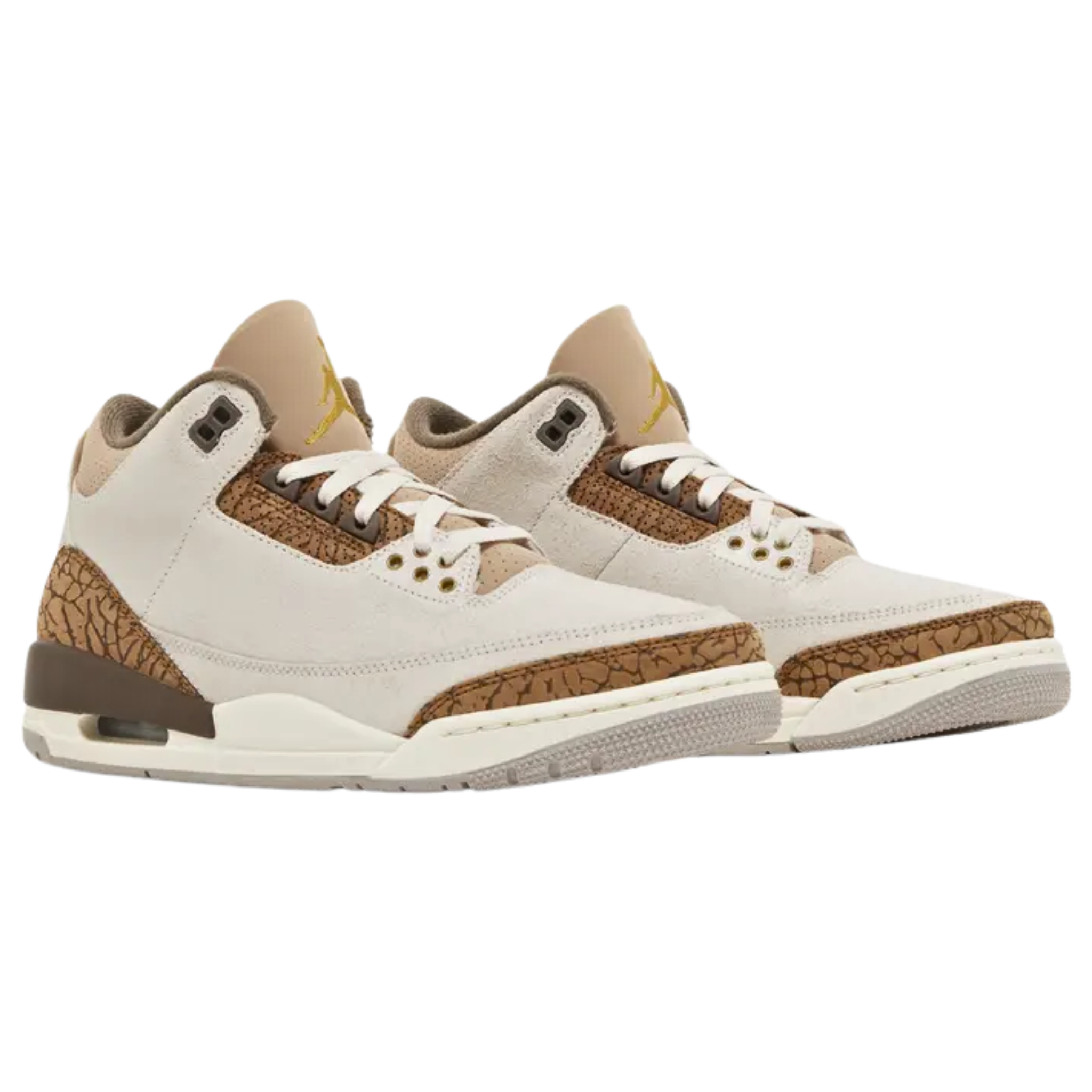 Air Jordan 3 Retro 'Palomino' featuring an off-white suede upper with brown elephant-print overlays at the forefoot and heel, and tan perforated nubuck on the padded collar. The sneaker includes Jumpman branding on the tongue and molded heel tab, an exposed Air-sole unit in the heel of the vintage-finished polyurethane midsole, and a durable grey rubber outsole.