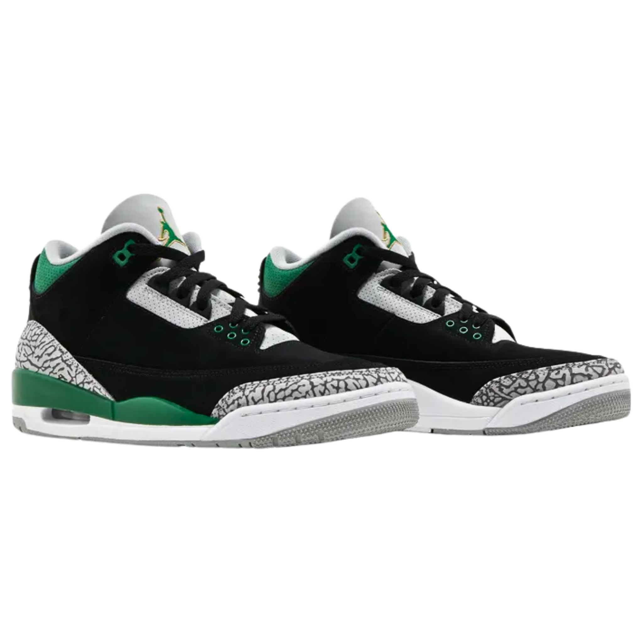 Air Jordan 3 Retro ‘Pine Green’ featuring a black textured nubuck upper with verdant green accents on the molded eyelets, perforated leather collar, and embroidered Jumpman branding. The sneaker includes elephant print forefoot and heel overlays, a molded heel tab with a second Jumpman icon, and a white polyurethane midsole with contrast green detailing and visible Air-sole cushioning under the heel.