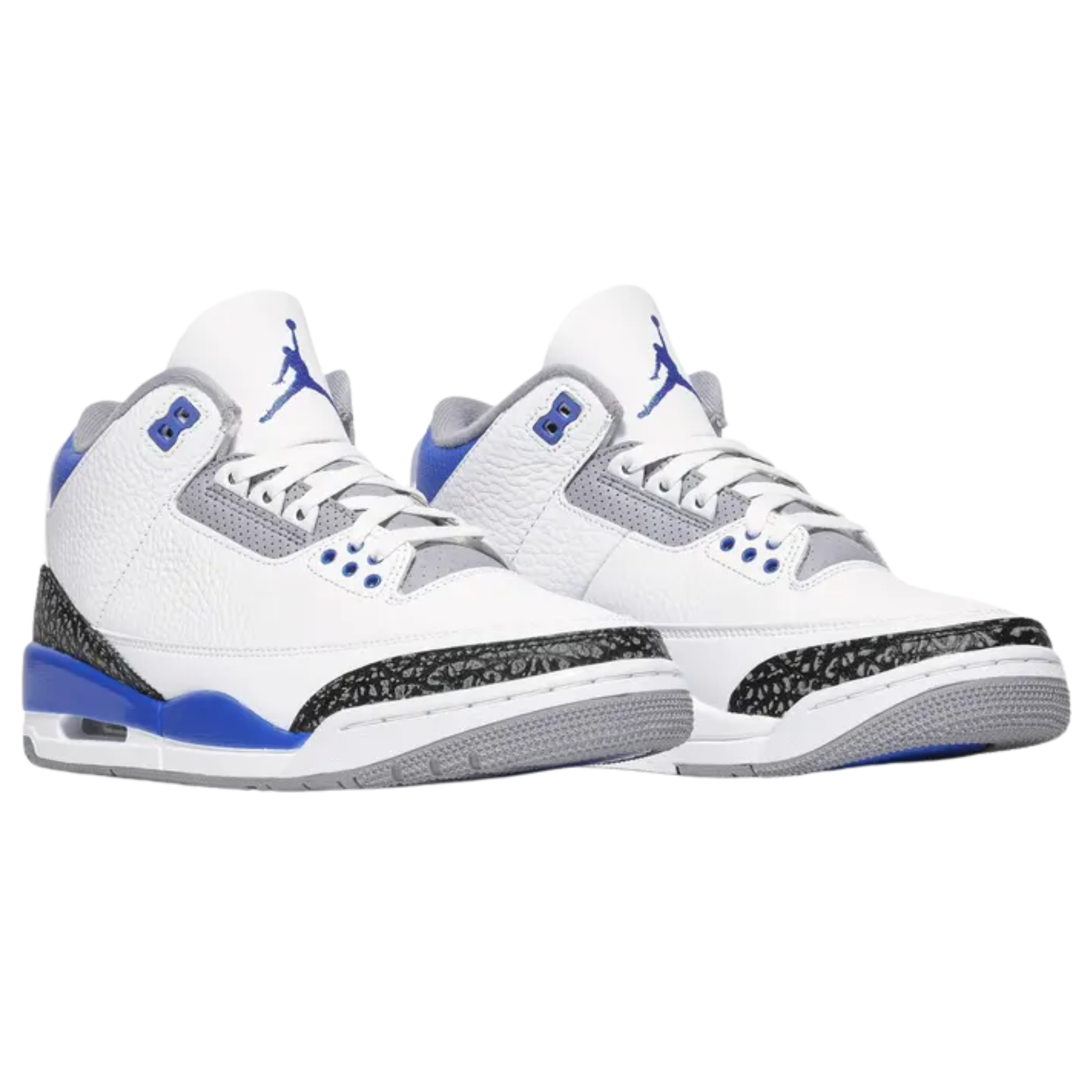 Air Jordan 3 Retro ‘Racer Blue’ featuring a white tumbled leather upper with royal blue detailing on the eyelets, collar, and polyurethane midsole. The sneaker includes visible Air sole cushioning under the heel, Jumpman branding on the tongue and heel, and dual elephant-print overlays with a pronounced crackle pattern.