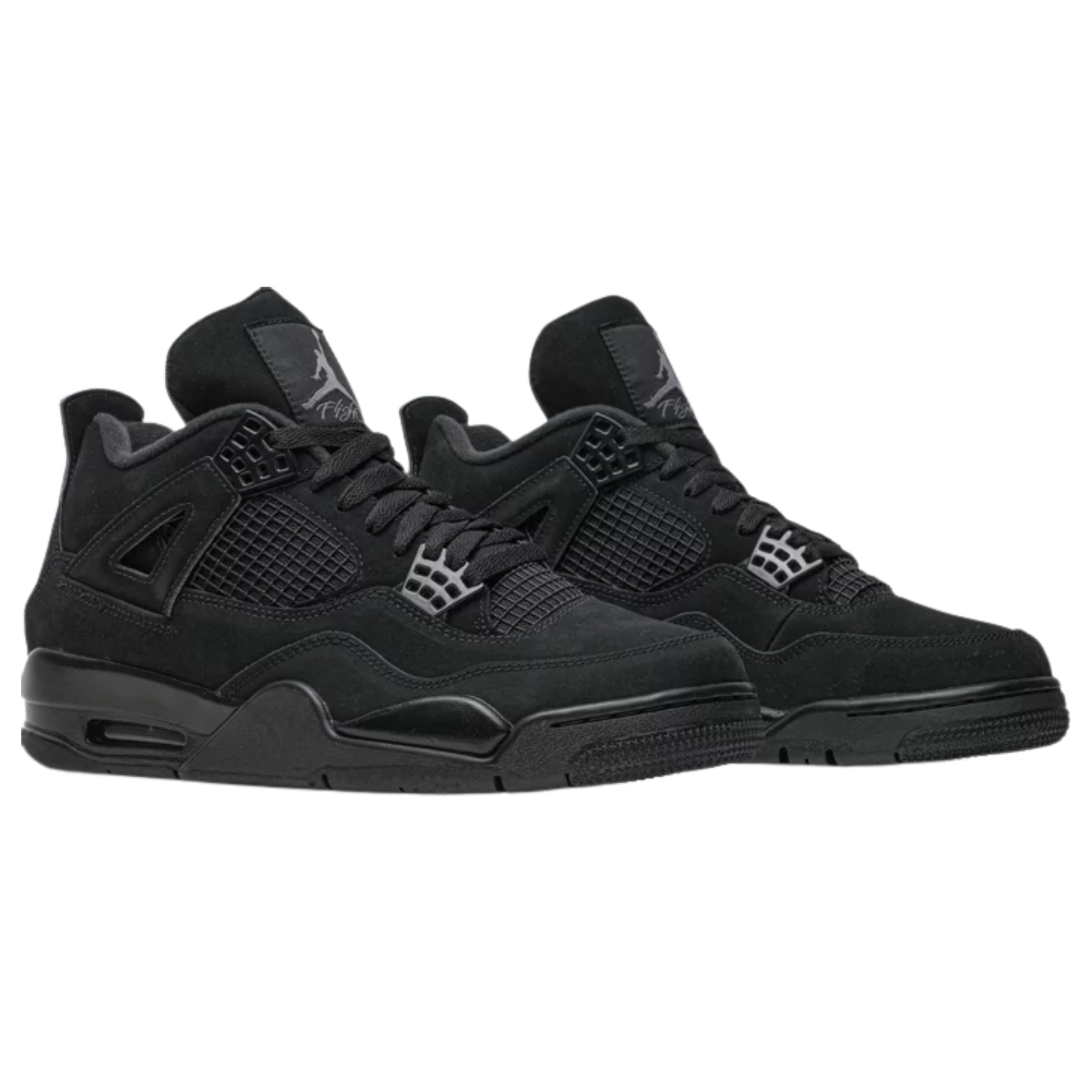 The 2020 edition of the Air Jordan 4 Retro 'Black Cat' features a monochromatic black suede upper and midsole, with Light Graphite Jumpman branding on the woven tongue tag as the only contrasting design element.