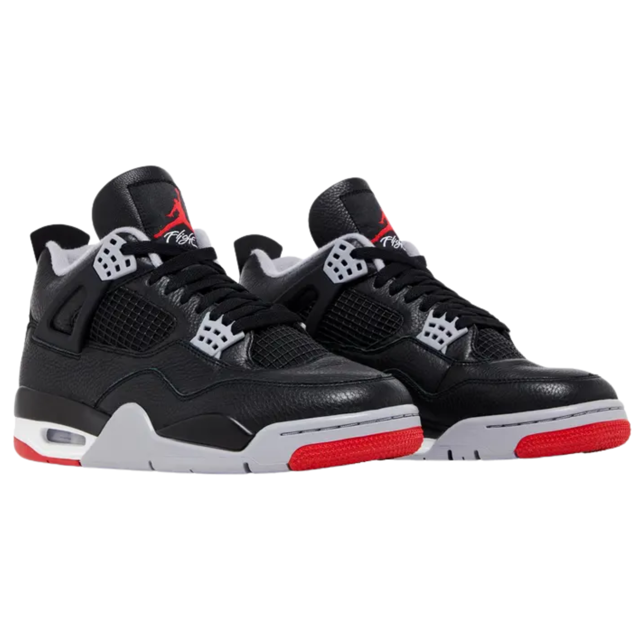 Air Jordan 4 Retro 'Bred Reimagined' featuring a black leather upper with quarter panel netting, grey molded eyelets, and Nike Air branding on the heel tab. The sneaker includes a crimson Jumpman logo on the woven Flight tag, a lightweight polyurethane midsole with encapsulated Air-sole cushioning in the forefoot and an exposed Air unit in the heel, and a pre-distressed rubber outsole with a herringbone traction pattern.