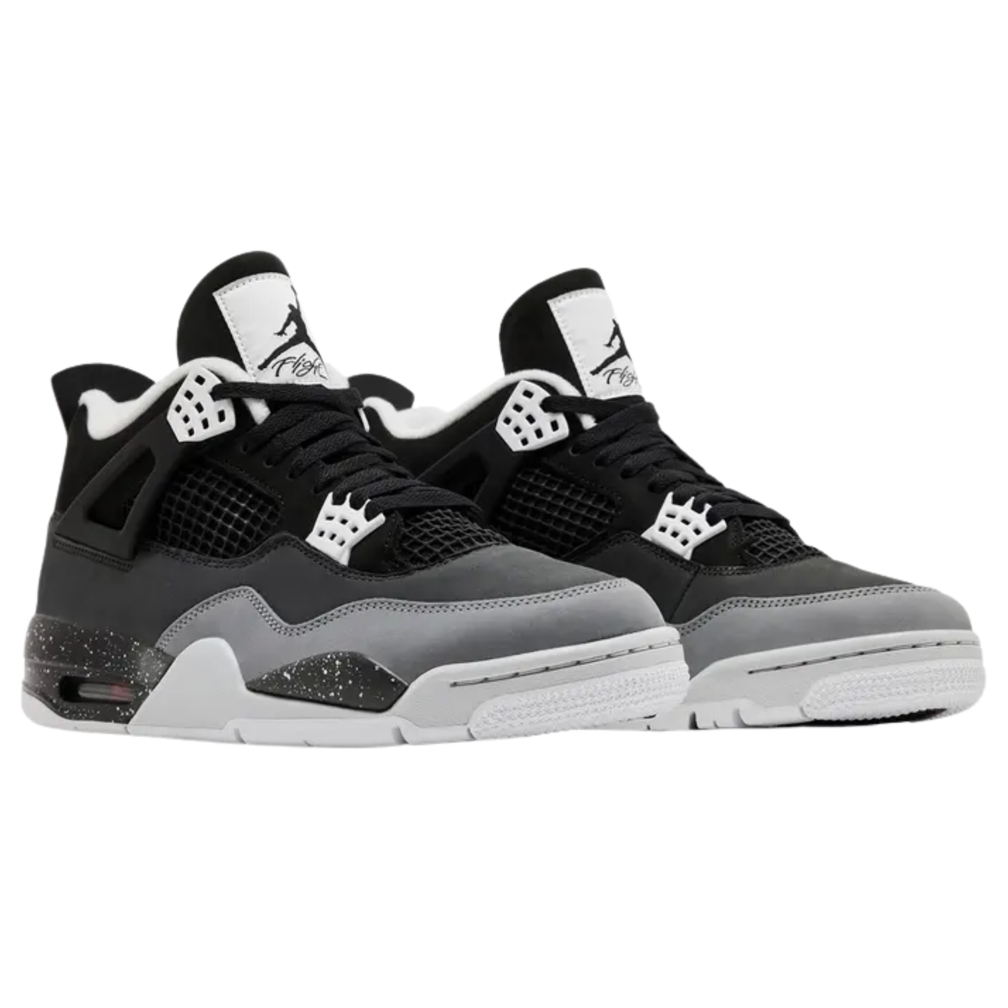 Air Jordan 4 Retro 'Fear' (2024) featuring a smooth nubuck upper with grey mudguard and toe wrap. The sneaker includes white molded eyelets, Jumpman branding on the woven tongue tag and back heel, and white speckled detailing on a black polyurethane midsole with visible Air-sole cushioning in the heel.