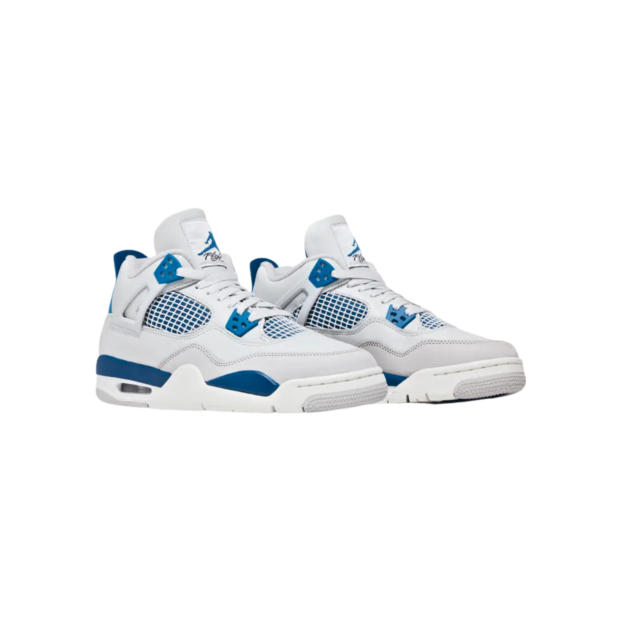 The 2024 reissue of the Air Jordan 4 Retro GS ‘Military Blue’ features an off-white leather upper with TPU support wings, blue accents on the eyelets, tongue tag, and back tab with Nike Air branding, and a polyurethane midsole with exposed Air-sole cushioning in the heel.