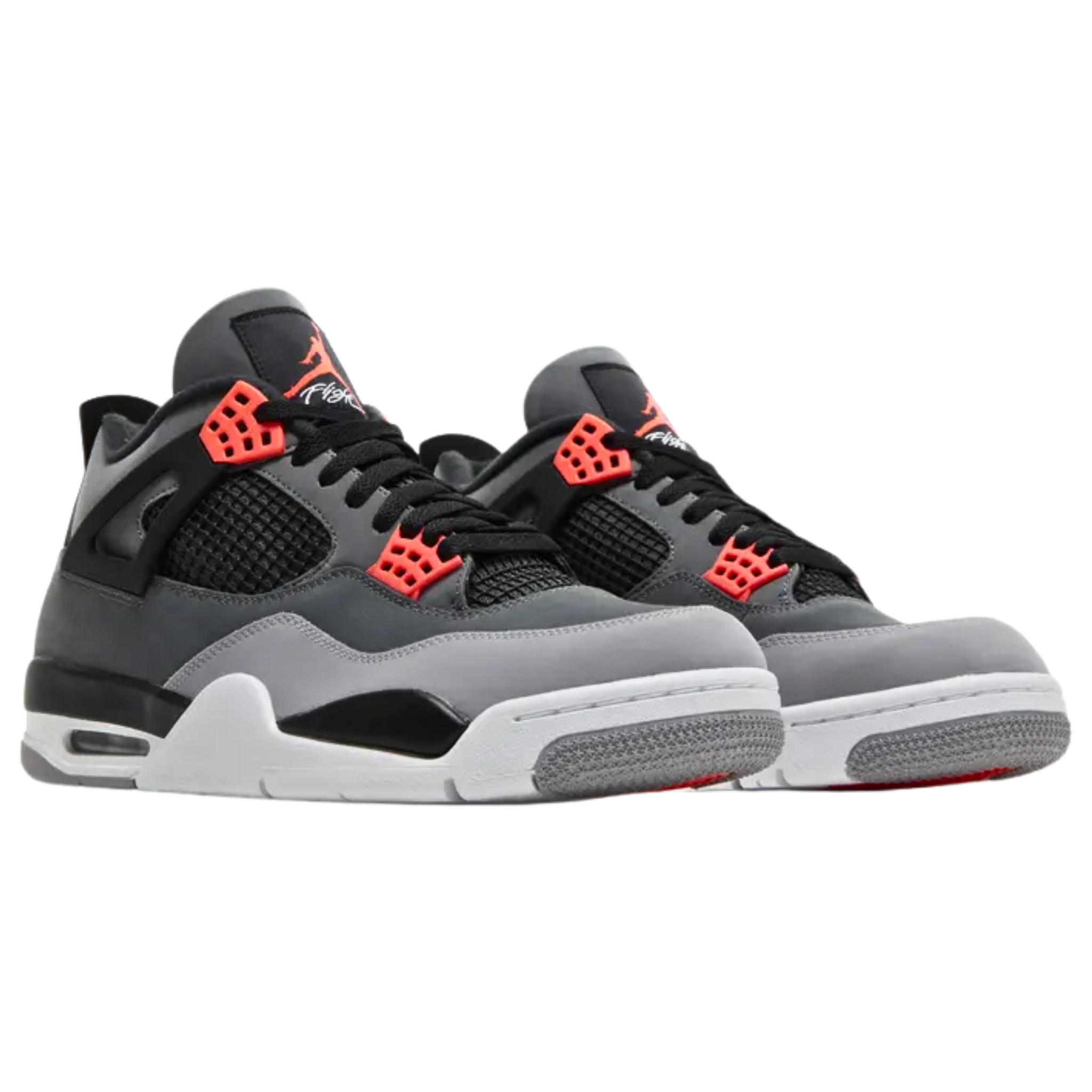 Air Jordan 4 Retro ‘Infrared’ featuring a charcoal nubuck upper with a lighter grey forefoot overlay, black accents on the quarter panel netting, structural wings, and Jumpman-branded heel tab. The sneaker includes infrared accents on the woven tongue tag and molded eyelets, with a polyurethane midsole featuring visible Air-sole cushioning in the heel.