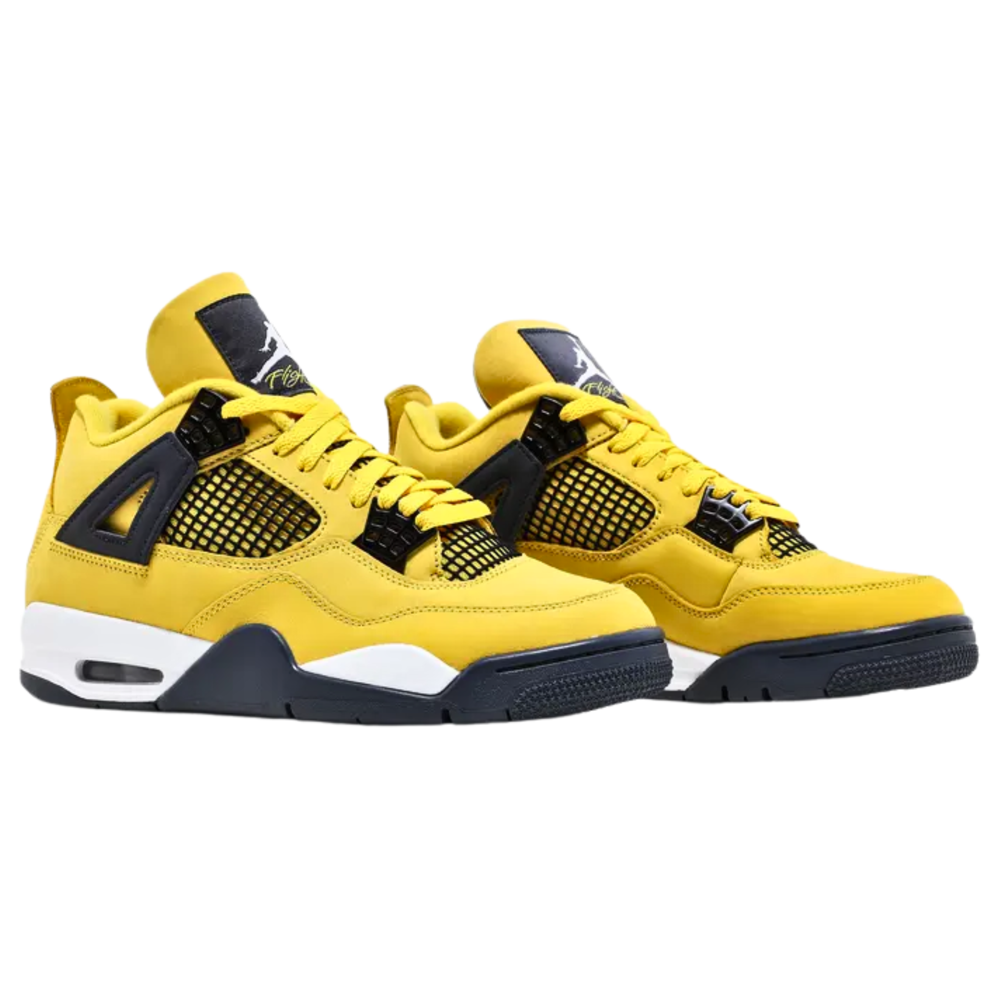 2021 Air Jordan 4 Retro ‘Lightning’ featuring a bright yellow nubuck upper with black netting and dark grey structural wings. The sneaker includes matching grey accents on the woven tongue tag, interior tongue, and Jumpman branding at the heel. It sits on a white PU midsole with visible Air-sole cushioning and a dark grey herringbone rubber outsole.