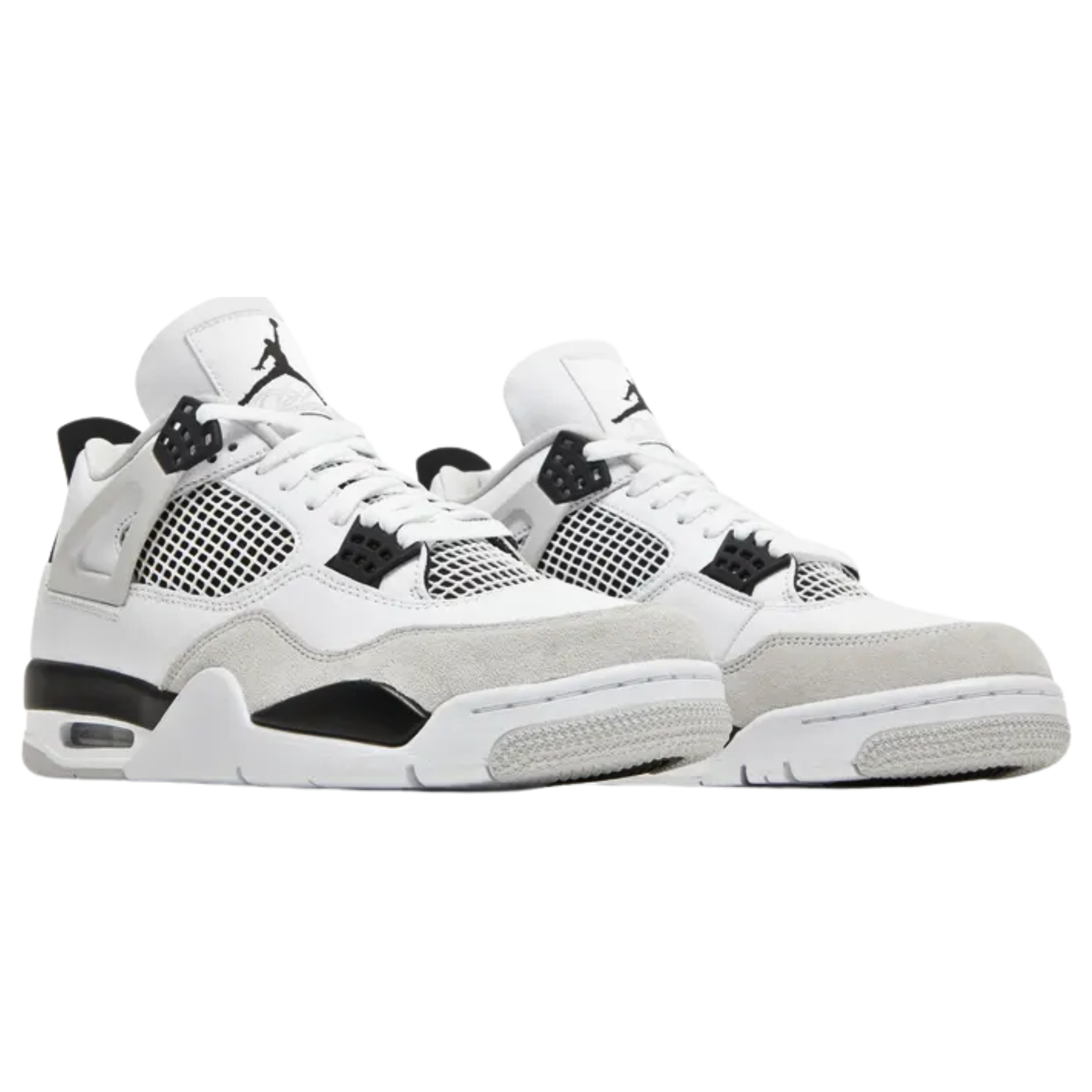 Air Jordan 4 Retro ‘Military Black’ featuring a smooth white leather upper with a grey suede forefoot overlay. The sneaker includes black accents on the TPU eyelets, molded heel tab, and Jumpman logo on the woven tongue tag. It is mounted on a two-tone polyurethane midsole with a visible Air-sole unit under the heel for cushioning.