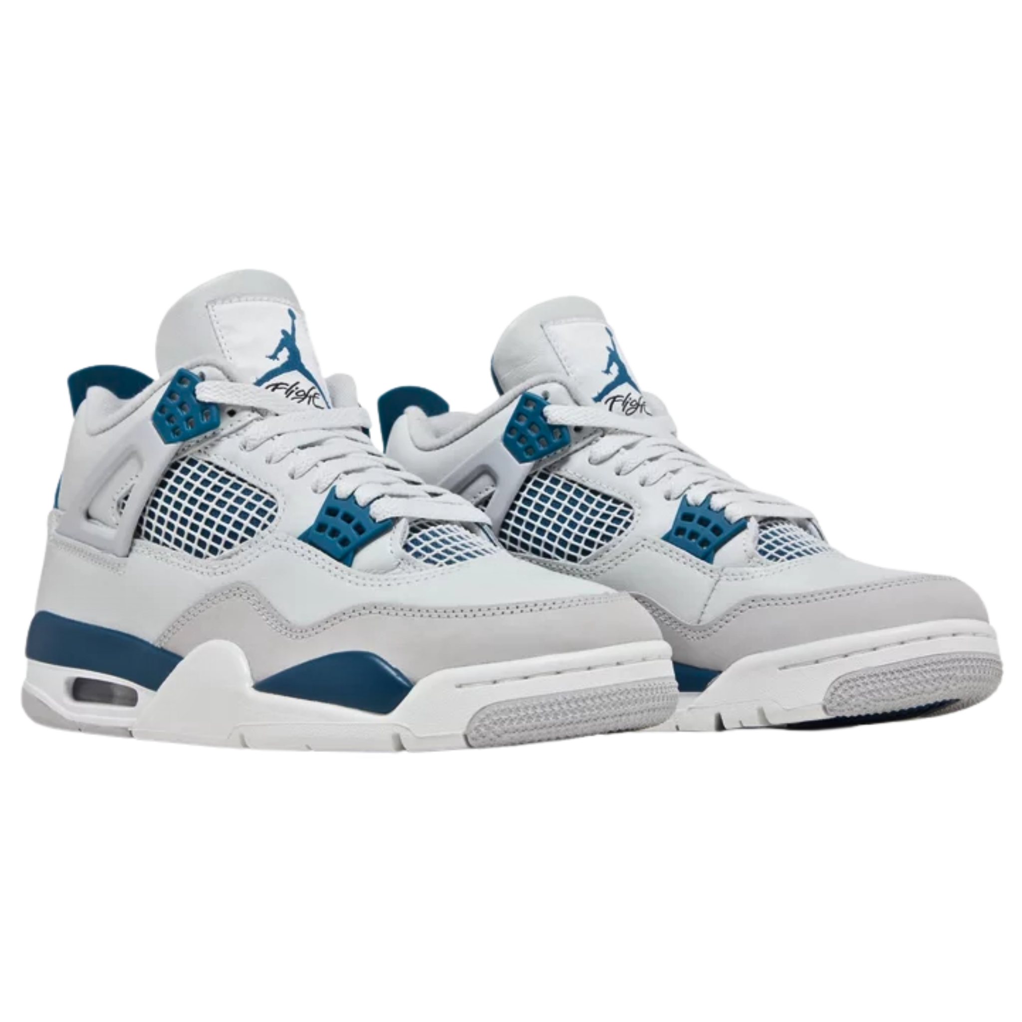 Air Jordan 4 Retro 'Military Blue' (2024) featuring a smooth off-white leather upper with quarter panel netting and a tonal nubuck forefoot overlay. The sneaker includes a vibrant blue Jumpman logo on the woven tongue tag, matching blue molded eyelets, and a back tab with Nike Air branding. It sits on a lightweight polyurethane midsole with encapsulated Air-sole cushioning in the forefoot and a visible Air bag in the heel.