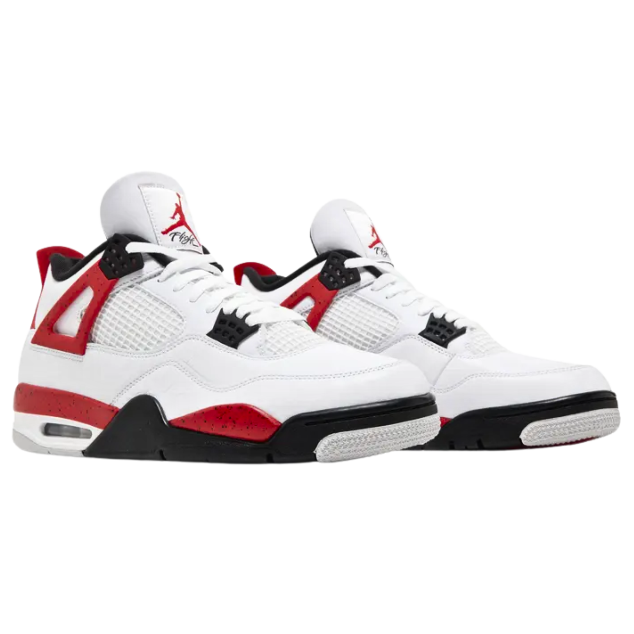 Air Jordan 4 Retro 'Red Cement' featuring a white leather upper with tonal quarter panel netting, black accents on the molded eyelets and interior lining, and vibrant Fire Red highlights on the support wings, midsole, and heel tab. The sneaker includes black speckled detailing, embossed Jumpman branding on the heel tab, a Jumpman logo on the Flight tongue tag, and a herringbone-traction rubber outsole for superior grip.