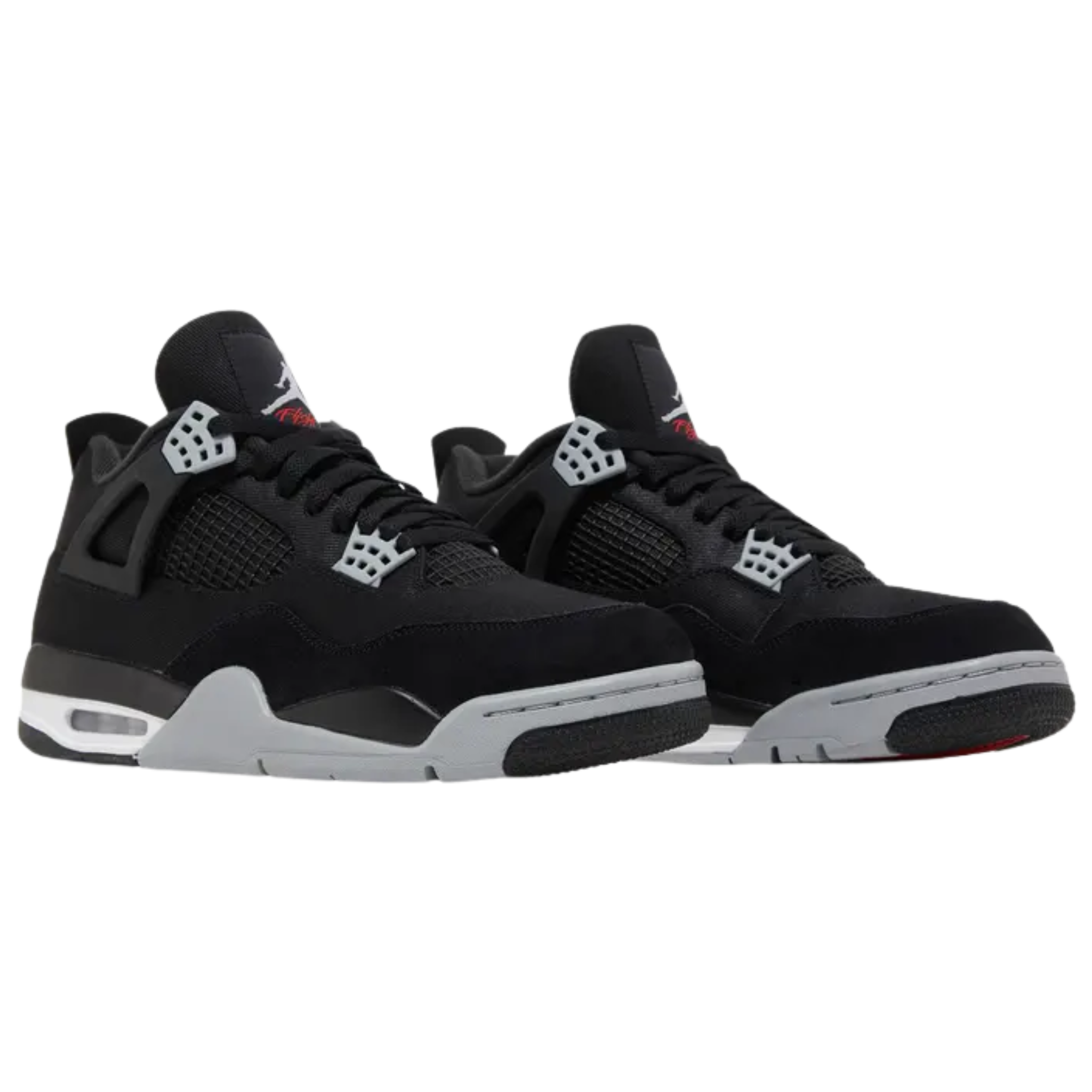 Air Jordan 4 Retro SE ‘Black Canvas’ featuring a black canvas upper with a tonal suede forefoot overlay and grey molded eyelets. The sneaker includes a matching grey Jumpman on the back heel and woven tongue tag, accented with a crimson Flight logo, and sits on a two-tone polyurethane midsole with visible Air-sole cushioning in the heel.