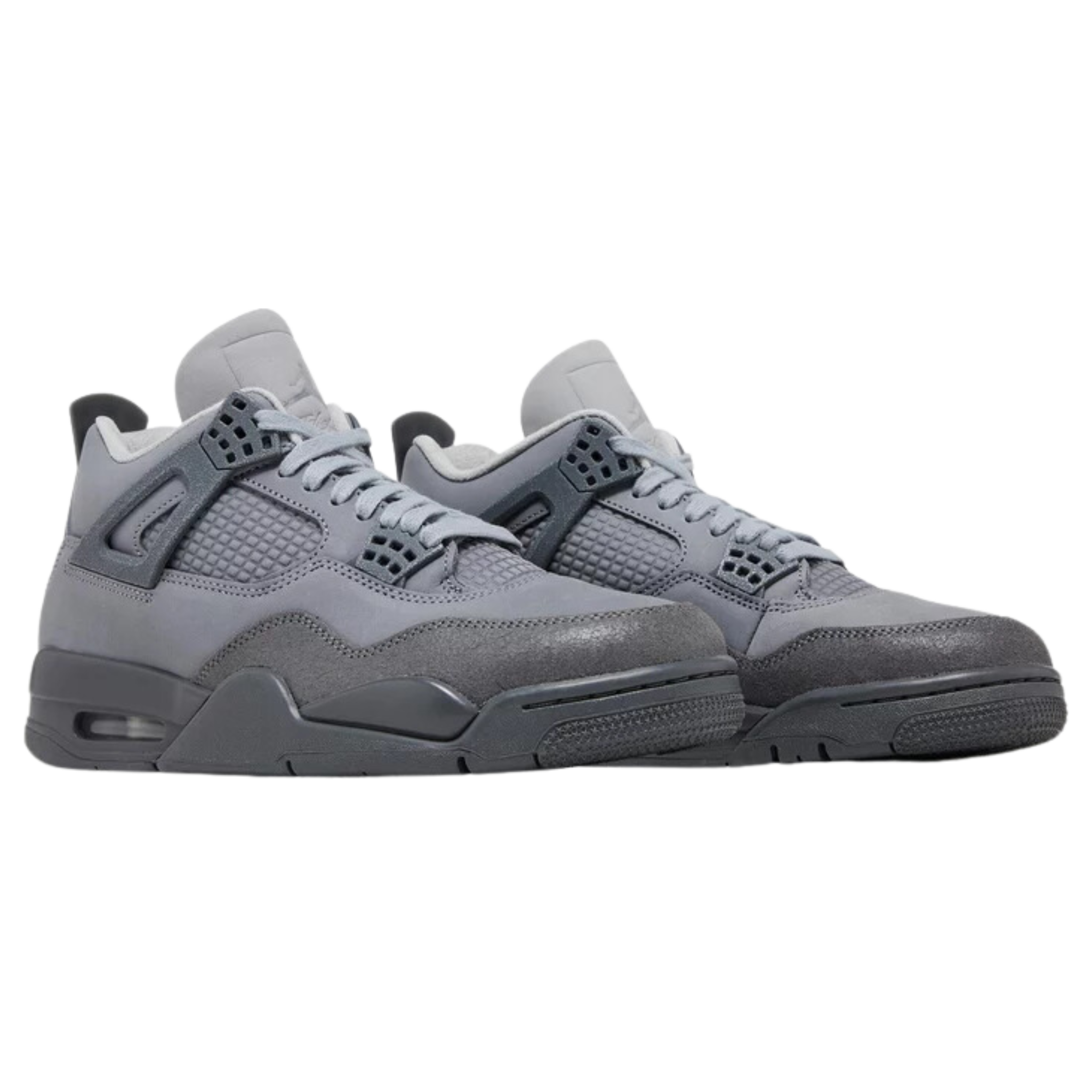 Air Jordan 4 Retro SE 'Wet Cement' (Paris Olympics) featuring a grey nubuck upper with a suede forefoot overlay and debossed grid pattern on the quarter panel. The sneaker includes speckled TPU support wings, a molded back tab with a raised Jumpman icon, a second Jumpman logo on the tongue, and a dark grey polyurethane midsole with visible Air-sole cushioning in the heel.