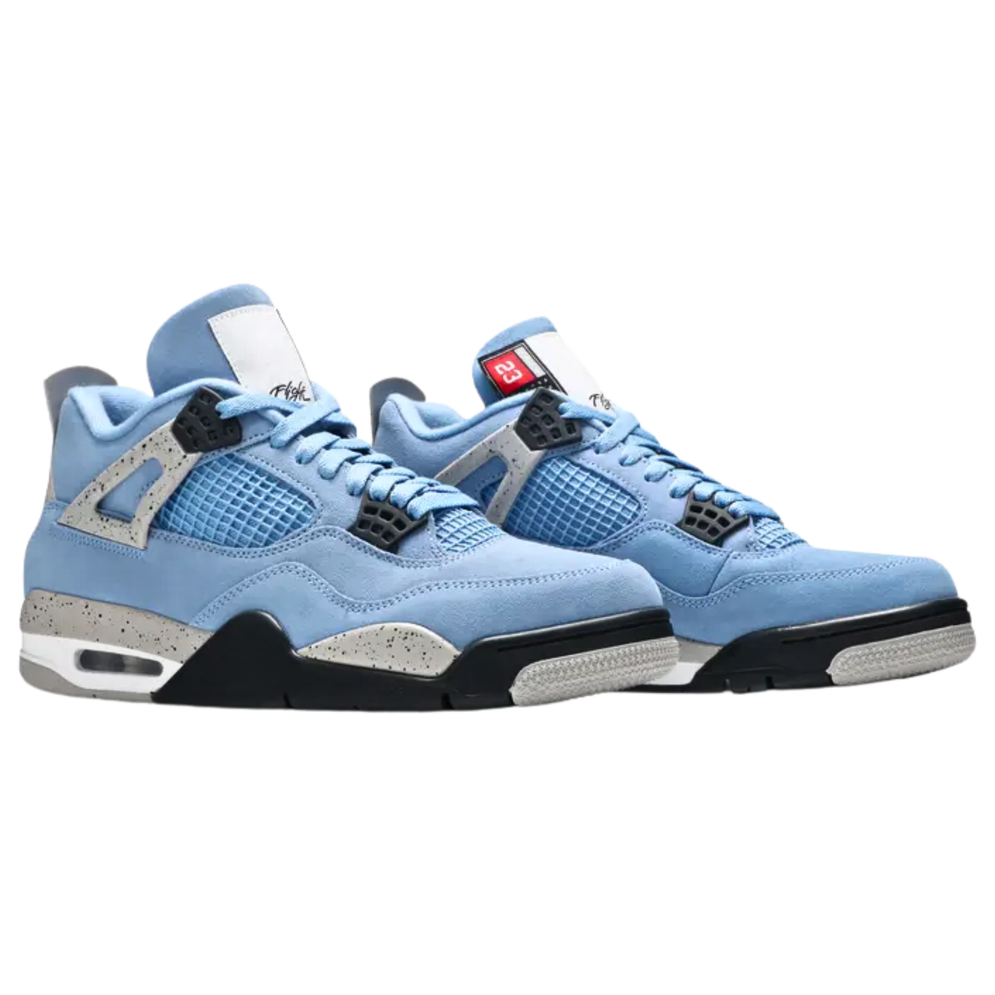 Air Jordan 4 Retro 'University Blue' featuring a suede upper in bright blue, contrasted by speckled grey supportive wings and back heel. The heel displays a raised black Jumpman icon, while secondary Jumpman branding appears on the woven tongue tag, designed to resemble a jock tag from Jordan jerseys.