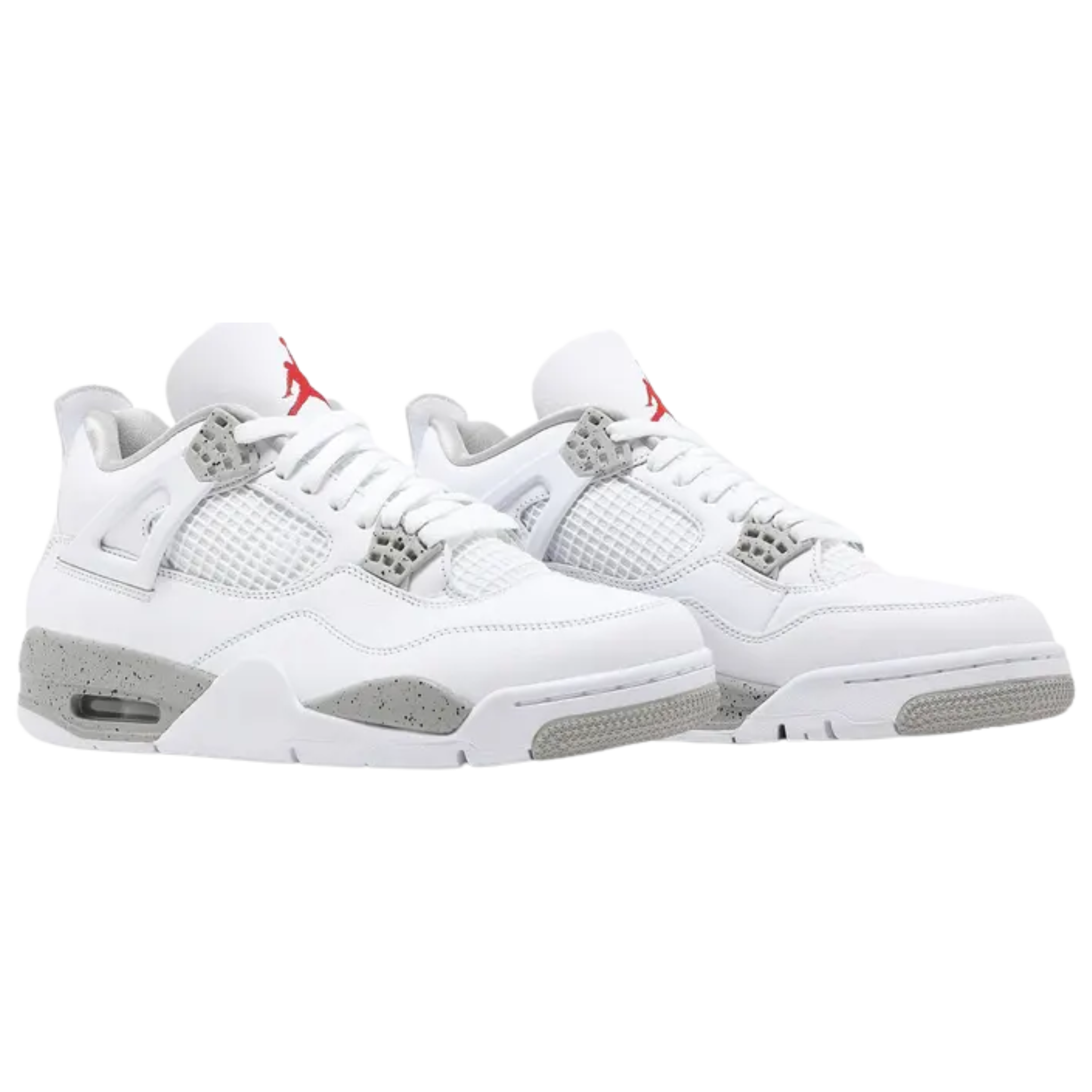 Air Jordan 4 Retro ‘White Oreo’ featuring a white tumbled leather upper with speckled molded eyelets in Tech Grey. The sneaker includes a polyurethane midsole with encapsulated Air cushioning in the forefoot, a visible Air unit in the heel, and Fire Red Jumpman branding on the tongue and heel.
