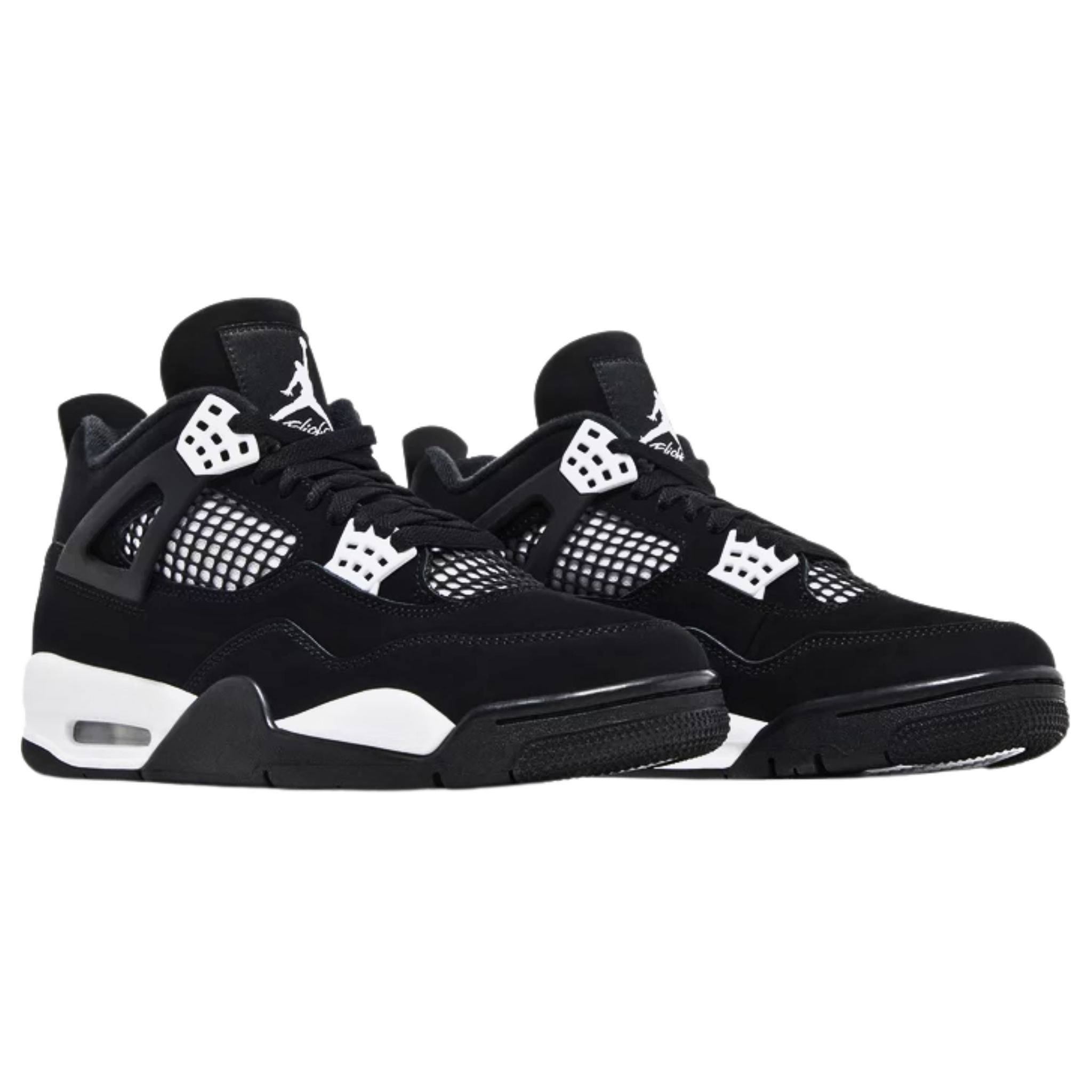 Air Jordan 4 Retro 'White Thunder' featuring a black suede upper with white accents on the molded eyelets and mesh quarter panel with black netting. The sneaker includes white Jumpman logos on the woven tongue tag and molded heel panel, a white polyurethane midsole with a visible Air-sole heel unit, and a black herringbone-traction rubber outsole.