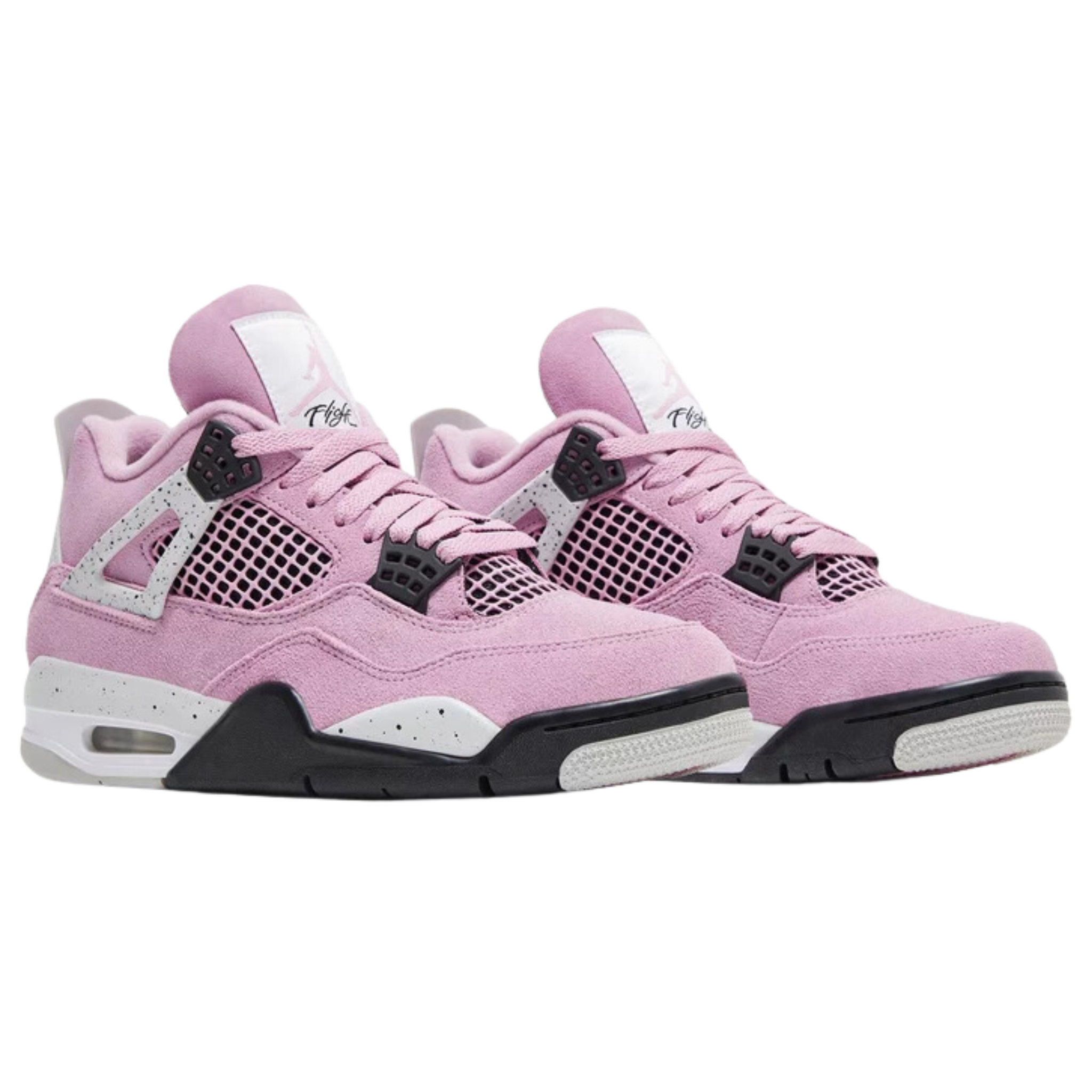 Women's Air Jordan 4 Retro 'Orchid' featuring a lilac-colored suede upper with breathable quarter panel netting and grey molded eyelets. The sneaker includes speckled TPU support wings, a molded back tab with Jumpman branding, and a lightweight polyurethane midsole with encapsulated Air-sole cushioning in the forefoot and an exposed Air bag in the heel.