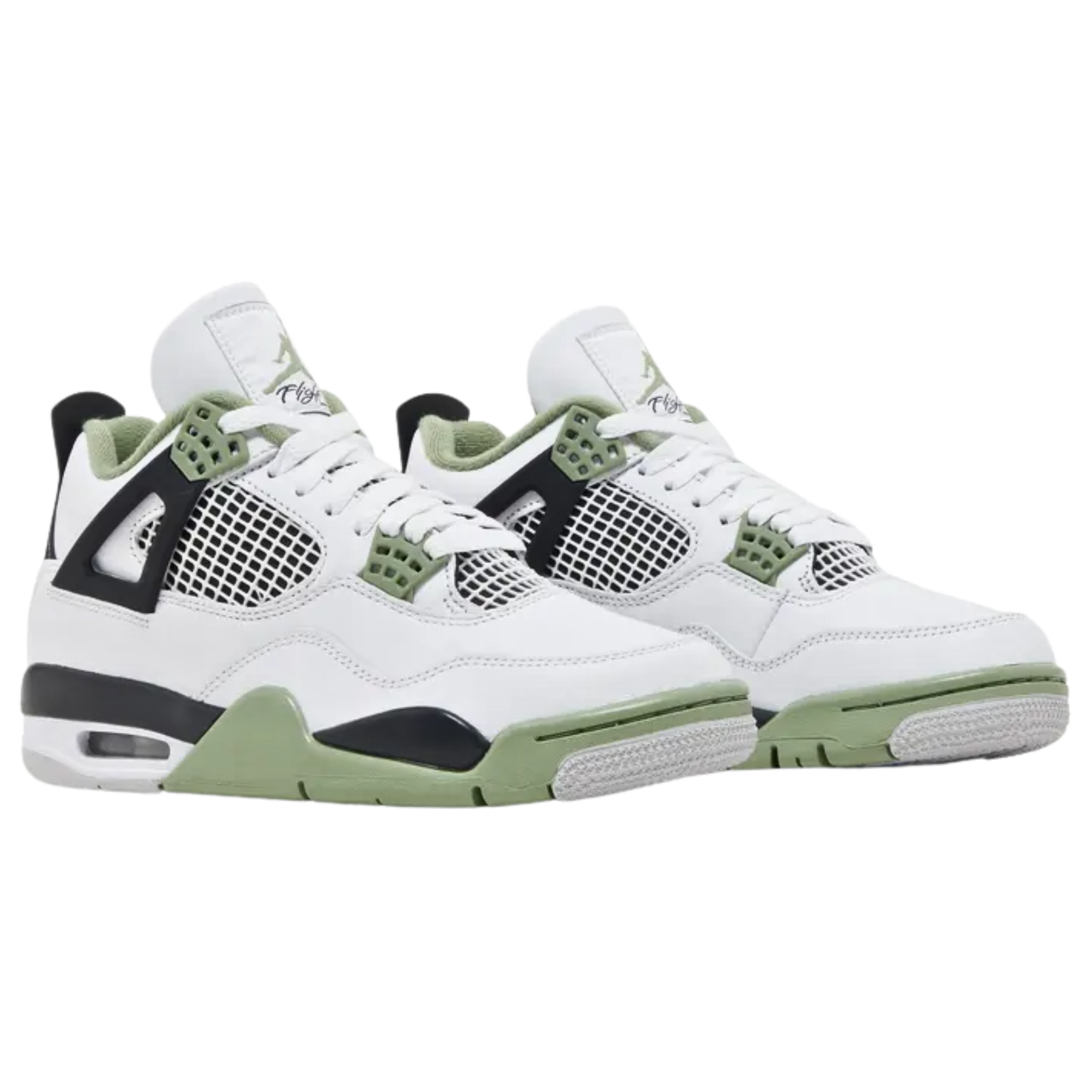 Women’s Air Jordan 4 Retro ’Seafoam’ featuring a smooth white leather upper with Oil Green accents on the eyelets, interior lining, and Jumpman branding on the Flight tongue tag and molded heel tab. The sneaker includes quarter panel netting, support wings, a polyurethane midsole with a visible Air-sole unit in the heel, and a green accent throughout the forefoot.