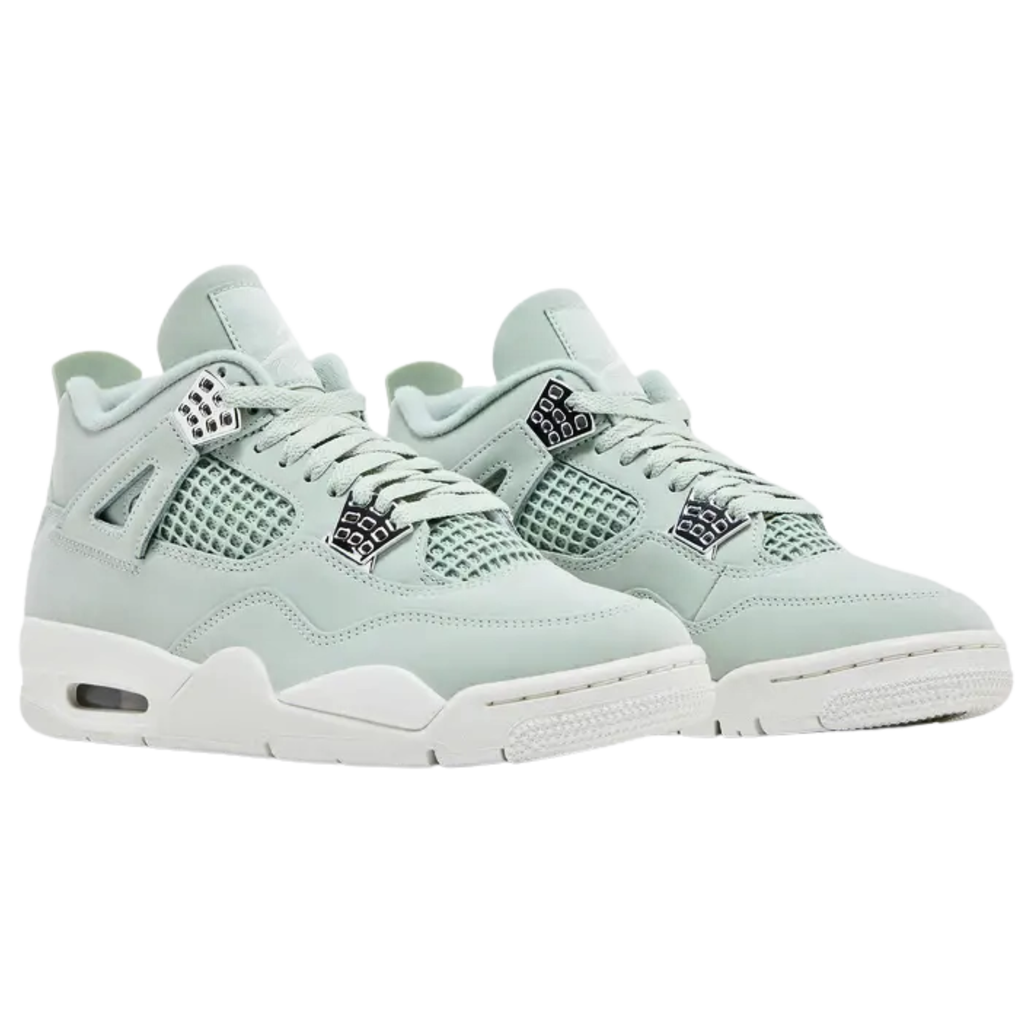 Women's Air Jordan 4 Retro 'Seafoam Sail' sneaker featuring a pale green leather upper, breathable netted quarter panels, and tonal Jumpman branding on the tongue and heel tab. Metallic silver molded eyelets complement the off-white polyurethane midsole with a visible Air-sole unit in the heel.