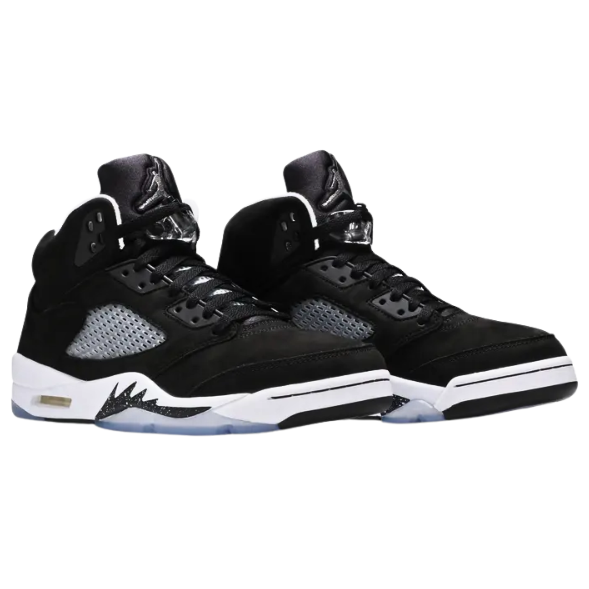 2021 Air Jordan 5 Retro ‘Moonlight’ featuring a black suede upper with tonal TPU eyelets, translucent quarter panel netting, and a grey Jumpman embroidered on the tongue. The sneaker includes contrasting white accents on the collar lining, interior tongue, and Jumpman heel branding. It sits on a white polyurethane midsole with a visible Air unit in the heel and black shark-tooth detailing with white speckles. The icy rubber outsole provides stop-and-go traction.
