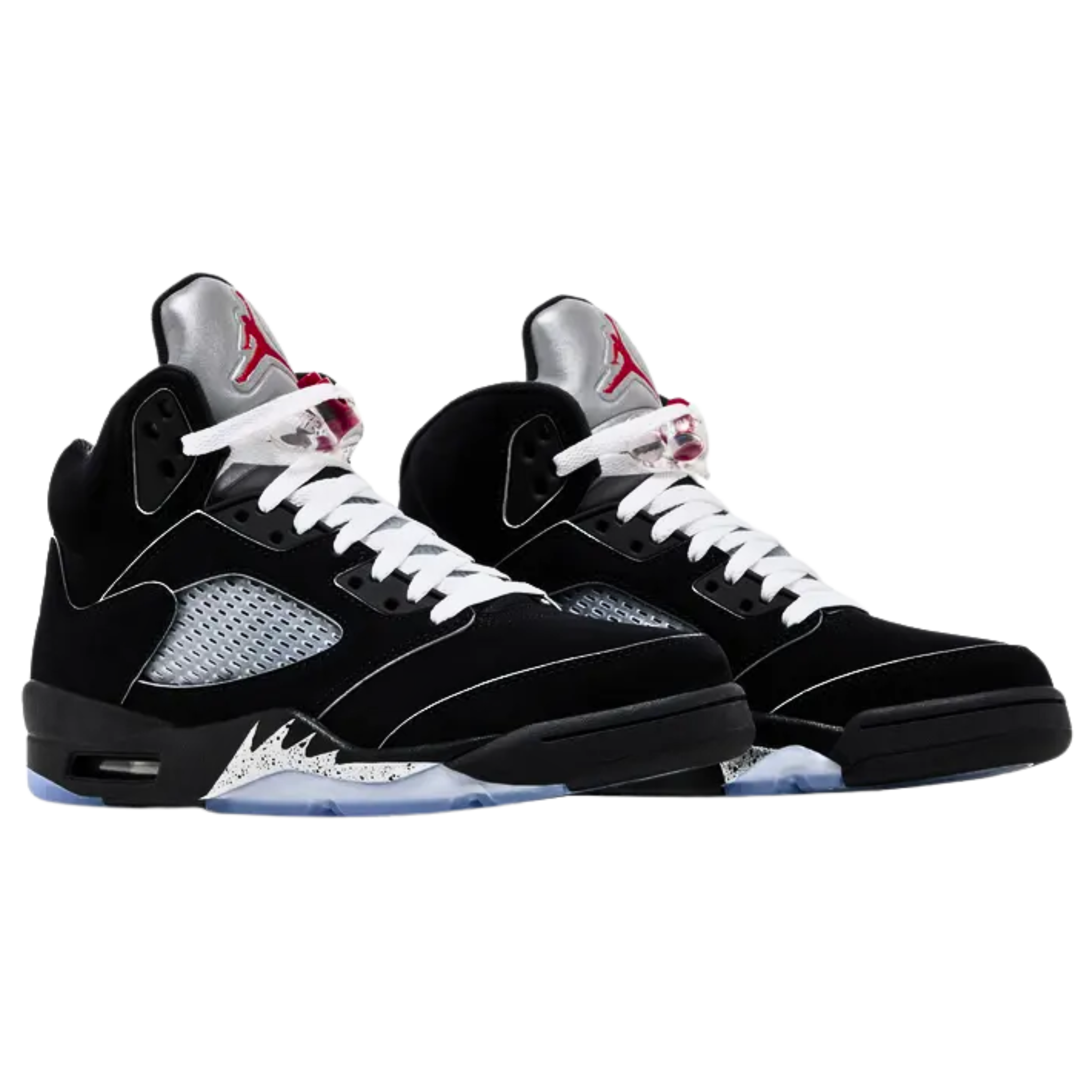 Air Jordan 5 Retro OG 'Black Metallic Reimagined' featuring a black nubuck upper with molded TPU eyelets, quarter panel netting, and reflective 3M piping. The sneaker includes a crimson Jumpman logo on the tongue, raised Nike Air branding on the heel, metallic silver shark tooth detailing on the black polyurethane midsole, and a translucent rubber outsole for traction.