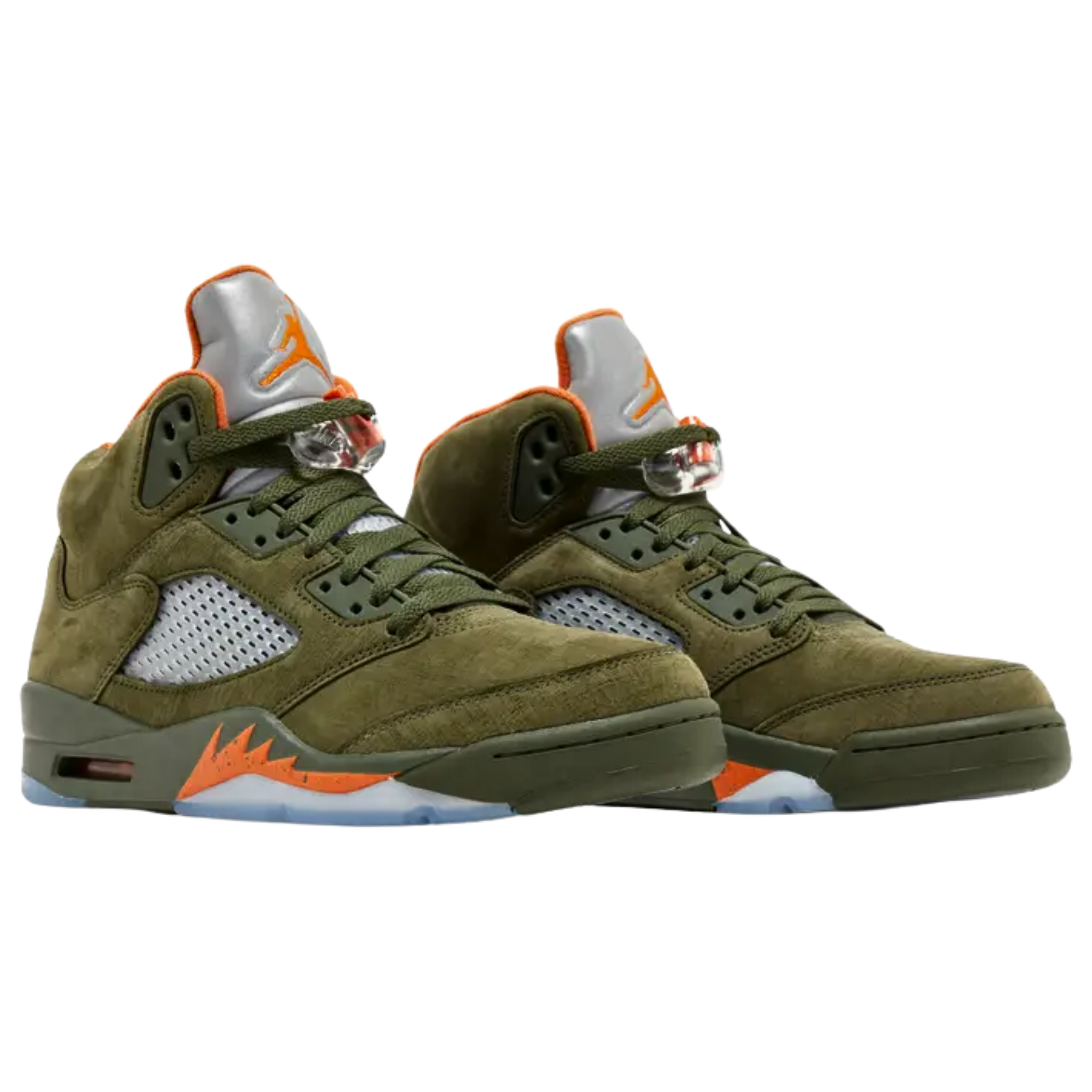 Air Jordan 5 Retro 'Olive' (2024) featuring a textured olive green suede upper with tonal molded eyelets and breathable quarter panel netting. The sneaker includes contrasting orange accents on the interior lining, Jumpman logos on the back heel and reflective tongue, and orange shark-tooth detailing on the olive polyurethane midsole with visible Air-sole cushioning and a translucent rubber outsole.