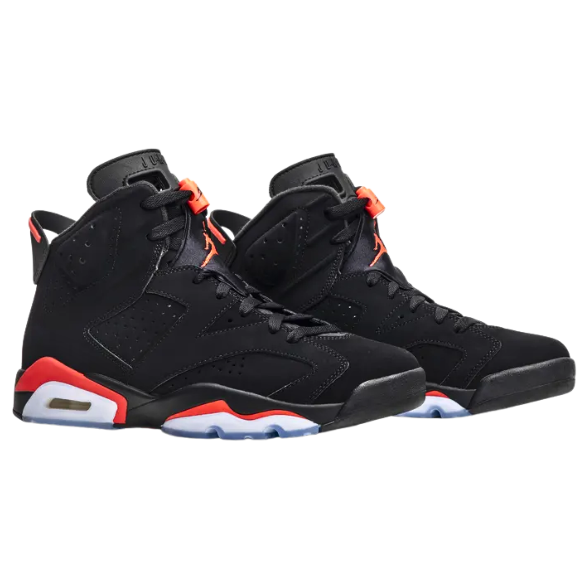 The 2019 Air Jordan 6 Retro ‘Infrared’ features a black nubuck upper with reflective 3M layering, accented by Infrared hits on the midsole, heel tab, and lace lock. Nike Air branding on the heel and sockliner completes the OG-inspired design.
