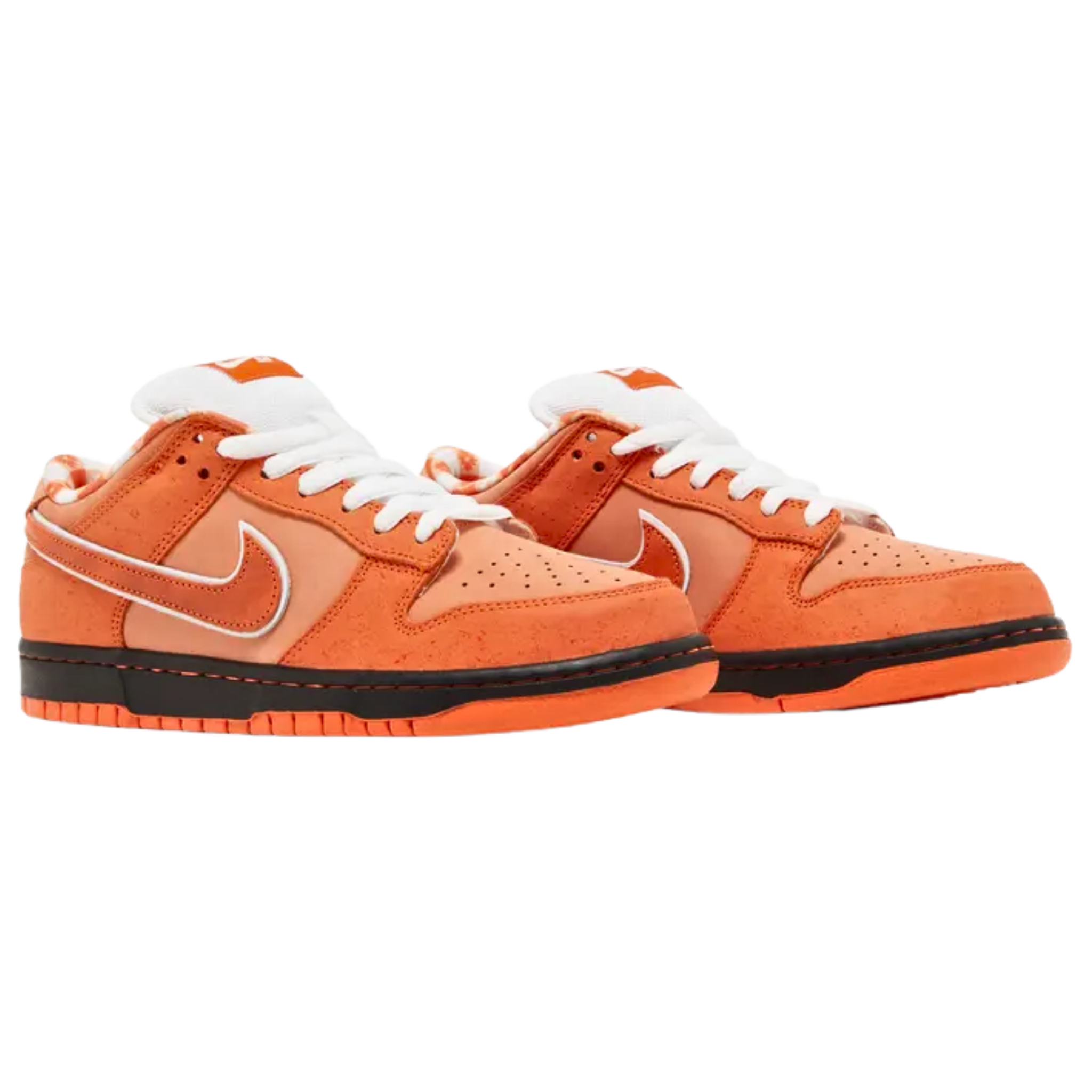 The Concepts x Nike Dunk Low SB ‘Orange Lobster’ continues the collaborative series, drawing inspiration from the rare orange lobster. The nubuck upper features varying shades of orange, with lightly speckled overlays and a tonal Swoosh outlined in white. A woven Nike SB tag adorns the white mesh tongue, while a bib-themed pattern decorates the interior lining. The sneaker is built on a traditional cupsole, with black sidewalls and a grippy orange rubber outsole for enhanced traction and style.