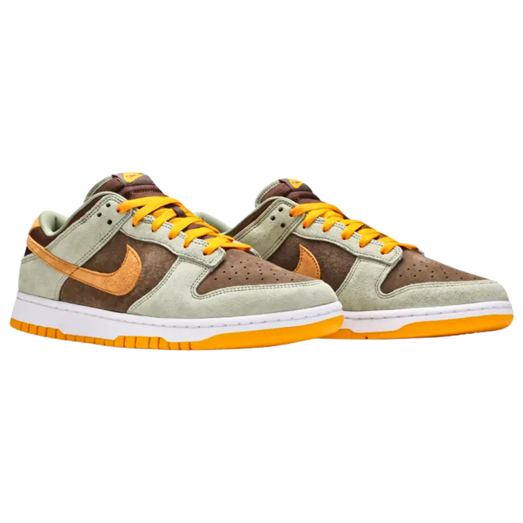The Nike Dunk Low ‘Dusty Olive’ features a buttery suede upper with a rustic brown base, pale green overlays, and bright orange accents on the Swoosh, heel tab, and laces. A woven Nike tag decorates the tongue, while the collar is made of brown nylon. The sneaker's multi-tone build is complemented by a crisp white rubber midsole and a colorful outsole that adds the final pop of style.