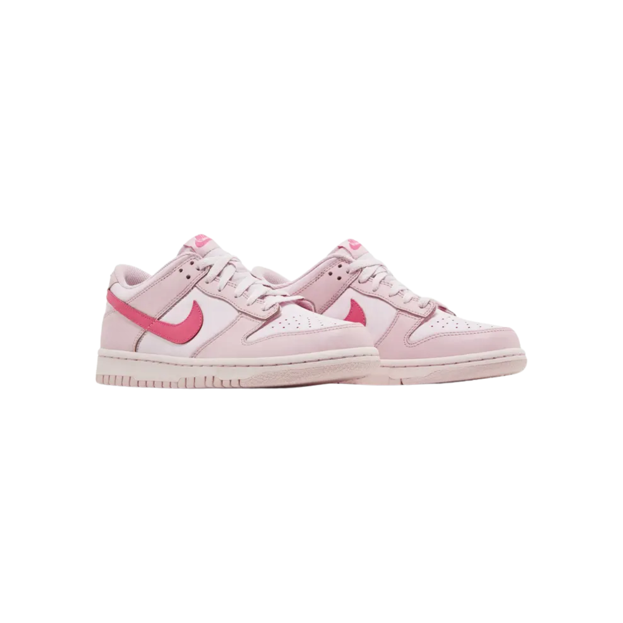 The Dunk Low GS 'Triple Pink' (also known as ‘Barbie’) features a full leather upper in light pink, with hot pink accents on the Swoosh, tongue tag, and heel. The sneaker is designed for comfort with a breathable nylon tongue and rests on a rubber outsole for support and durability.