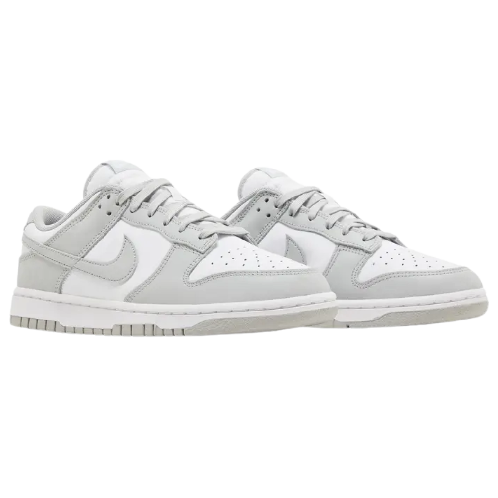 The Nike Dunk Low ‘Grey Fog’ features a subtle two-tone colorway with a white leather base and light grey overlays. The neutral tones are echoed on the Swoosh, laces, and woven Nike tongue tag, while additional Nike branding appears on the heel tab and padded sockliner. The low-top sits on a rubber cupsole, combining white sidewalls with a grey rubber outsole for a clean, versatile look.