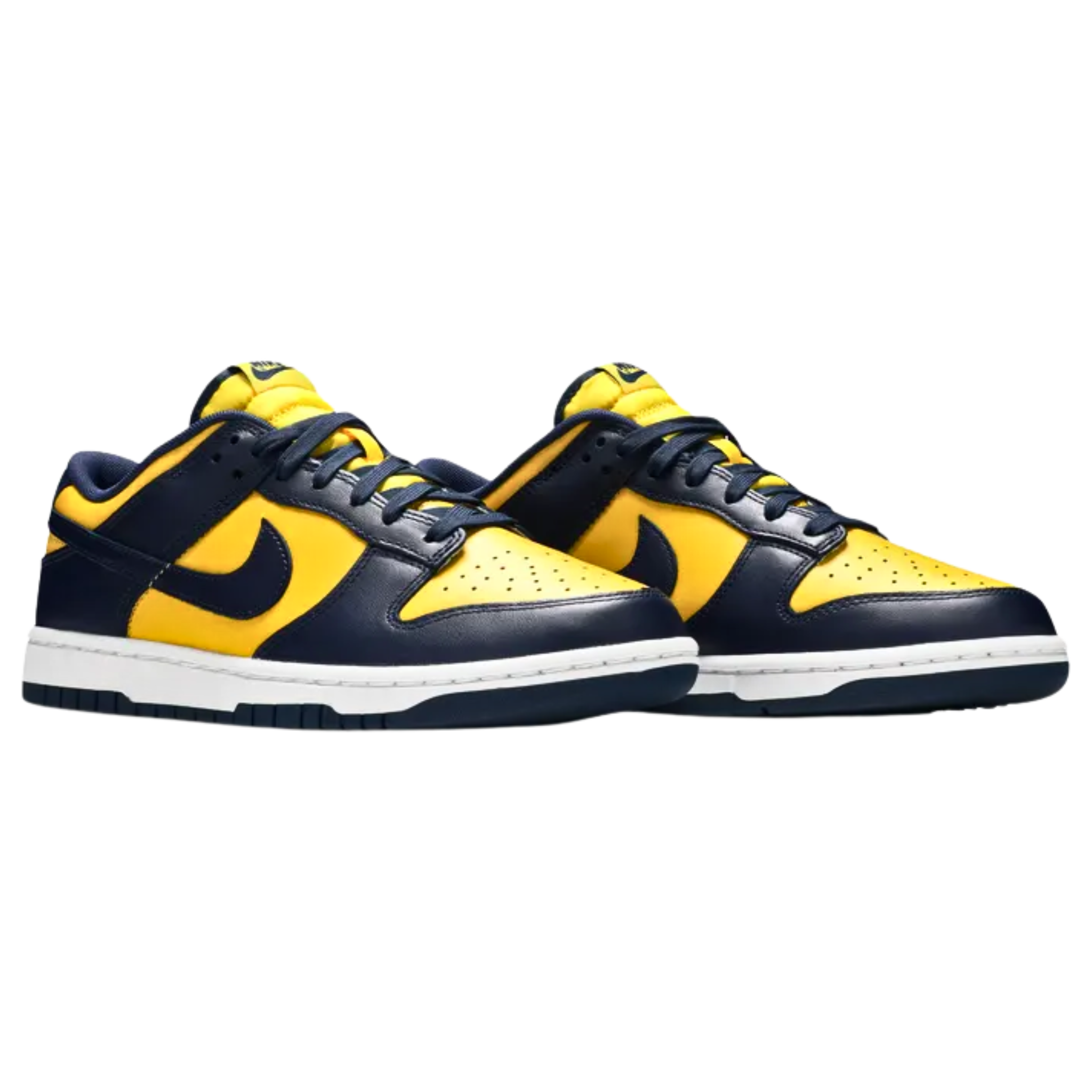The 2021 Nike Dunk Low 'Michigan' revives a classic 'Be True to Your School' colorway from 1985, featuring a rich Varsity Maize leather upper with contrasting Midnight Navy accents on the Swoosh and forefoot and heel overlays. The low-top silhouette offers a low-cut collar and breathable nylon tongue, both branded with traditional Nike logos, providing padded comfort and a retro-inspired look.